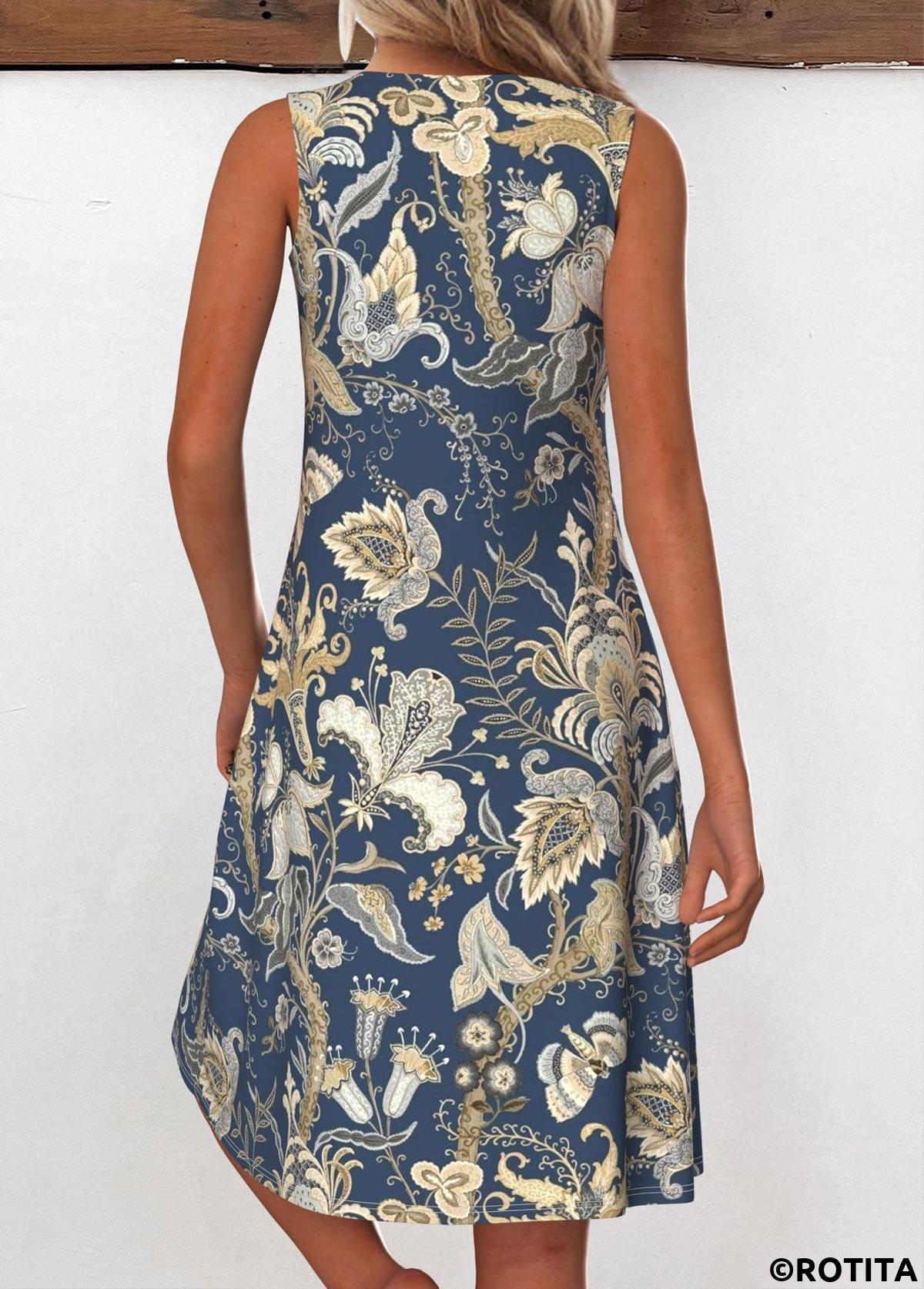 ROTITA Grommet Tribal Print Navy A Line V Neck Dress