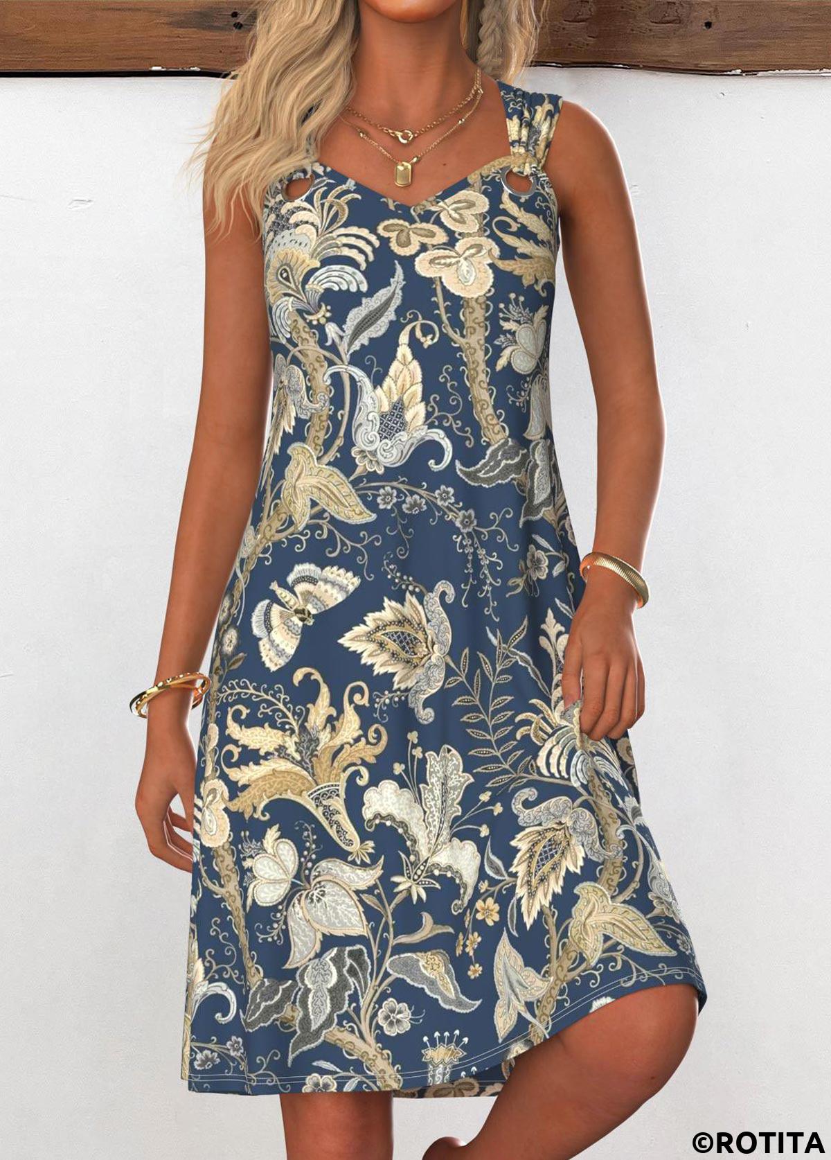 ROTITA Grommet Tribal Print Navy A Line V Neck Dress