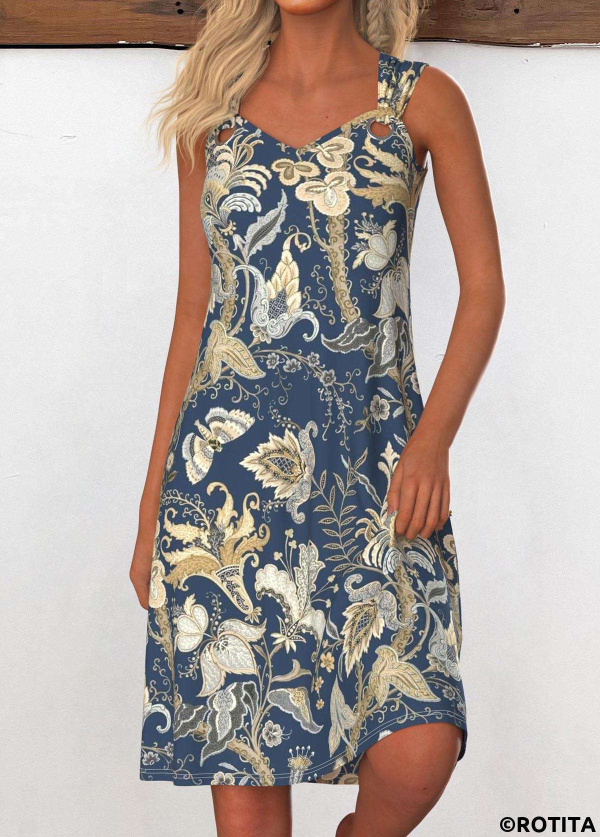 ROTITA Grommet Tribal Print Navy A Line V Neck Dress