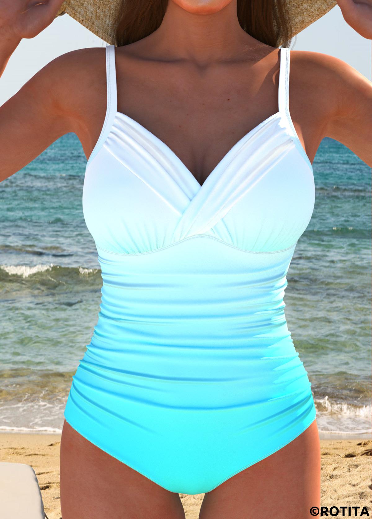 Cyan swimwear,Ombre swimwear,ROTITA Surplice Cyan Ombre One Piece Swimwear
