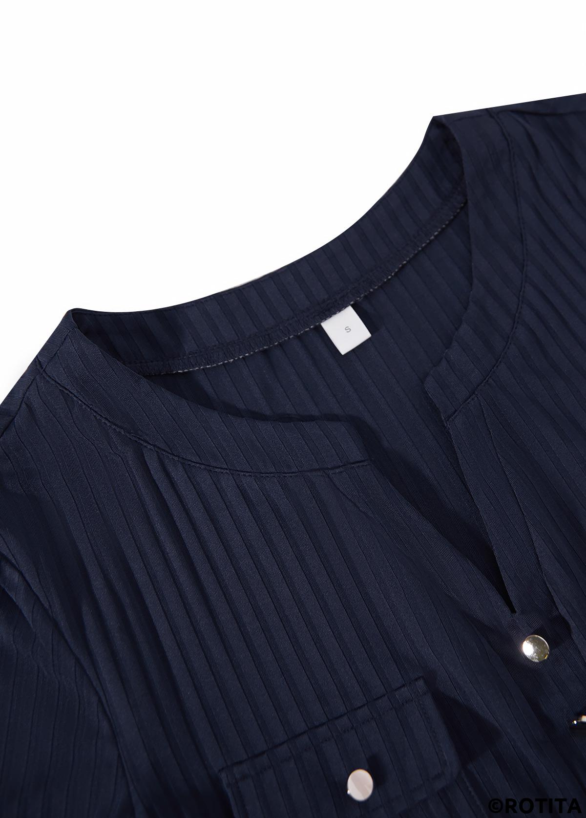 Navy tops,Plain Color tops,ROTITA Button Navy Split Neck Short Sleeve Blouse