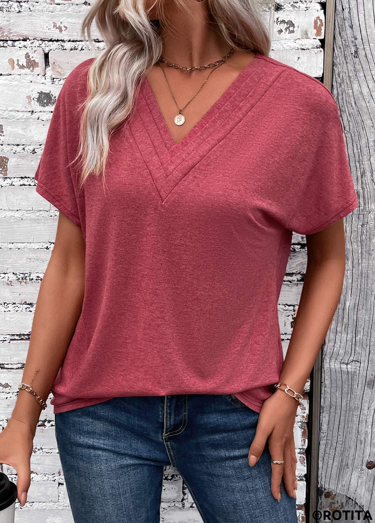 Brick Red tops,Plain Color tops,ROTITA Patchwork Brick Red V Neck Short Sleeve T Shirt