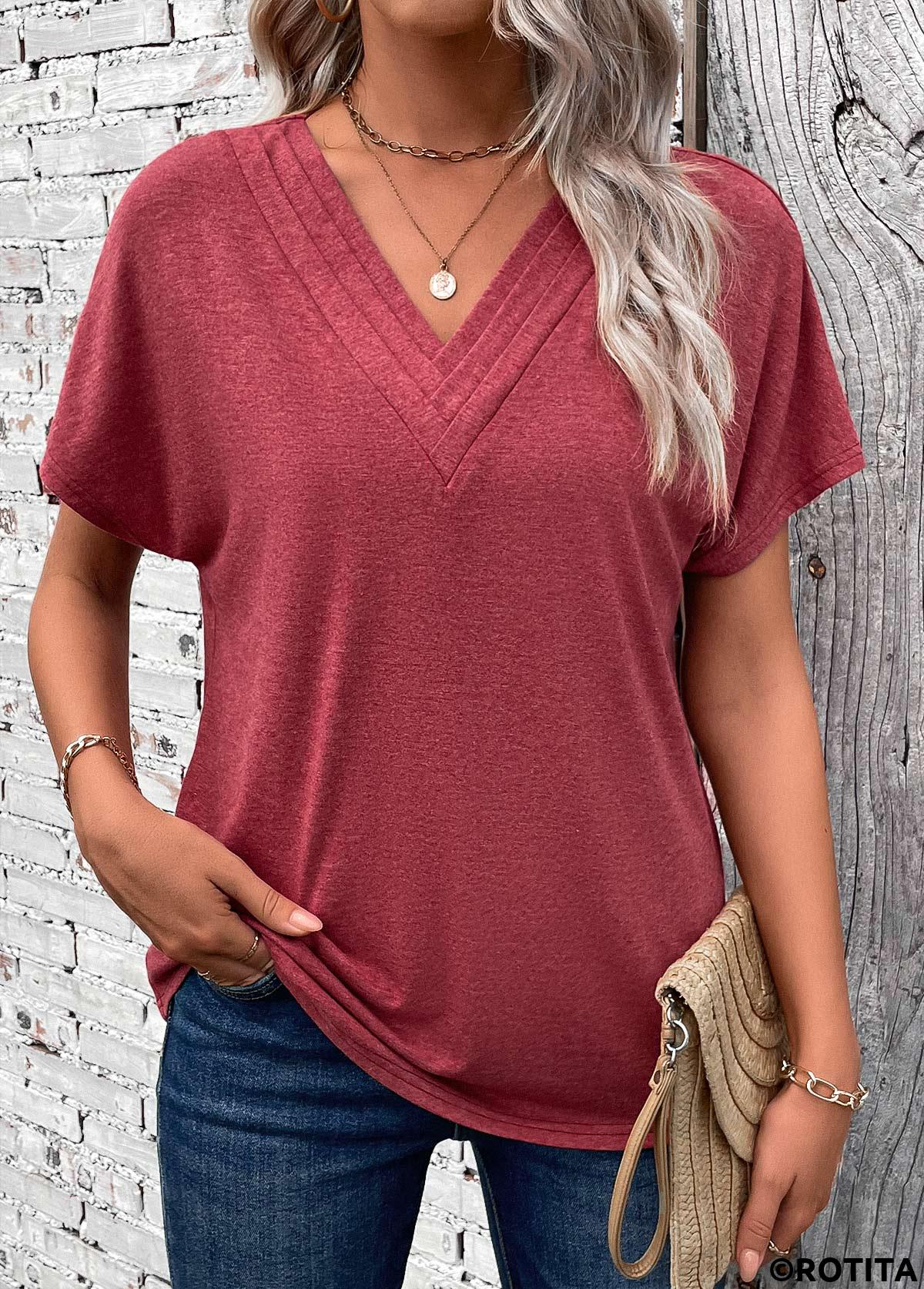 Brick Red tops,Plain Color tops,ROTITA Patchwork Brick Red V Neck Short Sleeve T Shirt