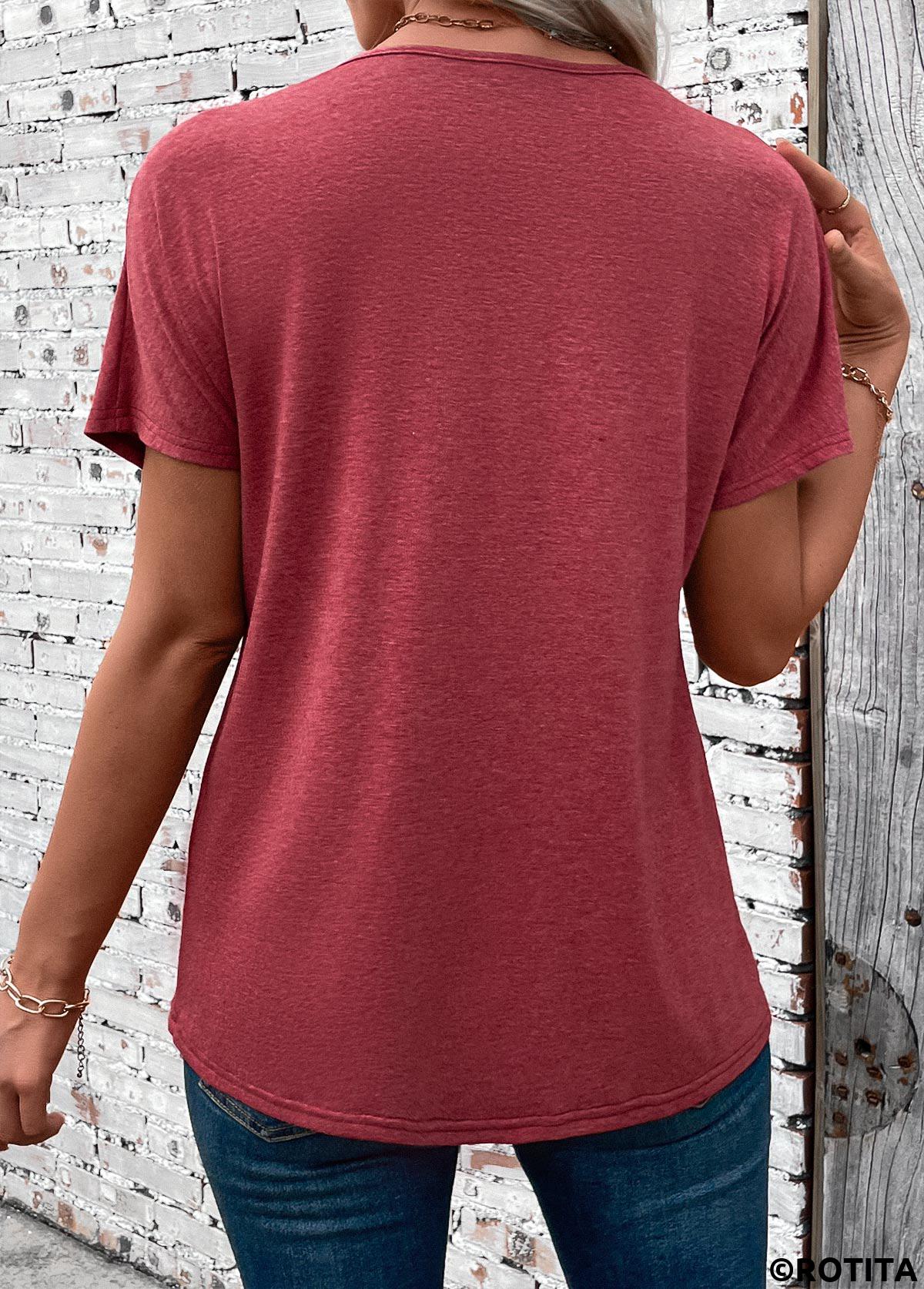 Brick Red tops,Plain Color tops,ROTITA Patchwork Brick Red V Neck Short Sleeve T Shirt