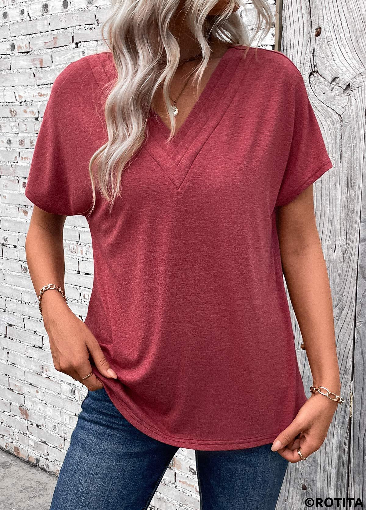 Brick Red tops,Plain Color tops,ROTITA Patchwork Brick Red V Neck Short Sleeve T Shirt