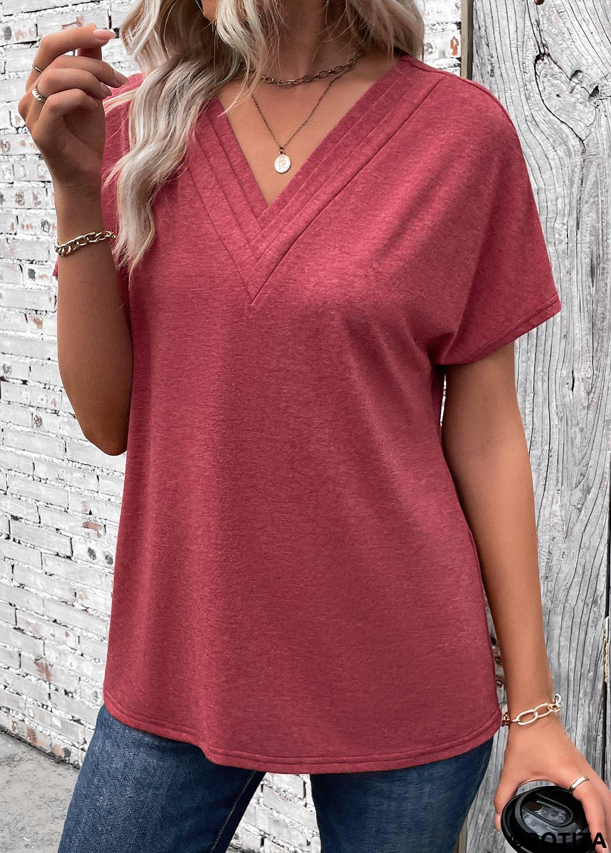 Brick Red tops,Plain Color tops,ROTITA Patchwork Brick Red V Neck Short Sleeve T Shirt