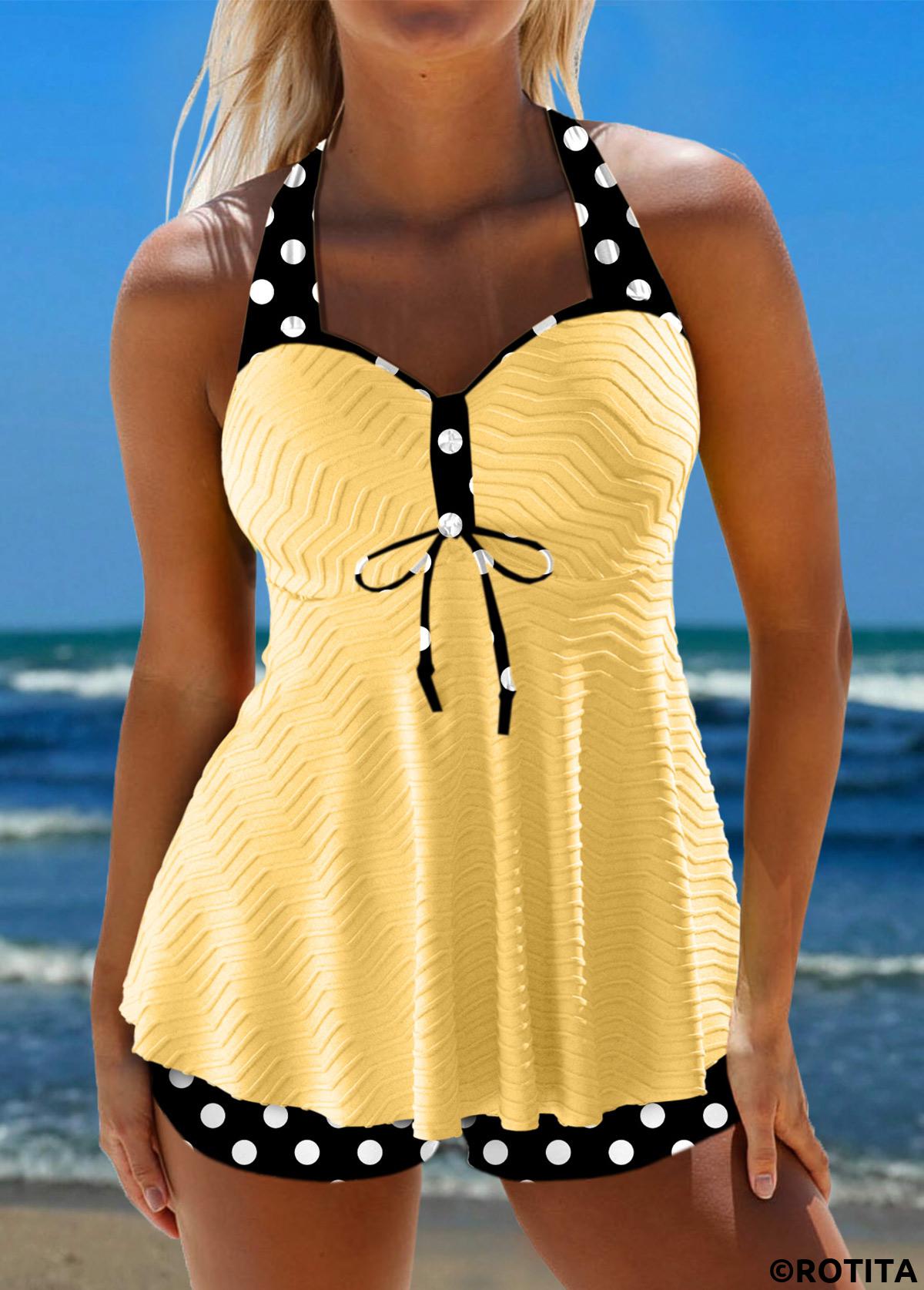 Light Yellow swimwear,Dot swimwear,ROTITA Jacquard Light Yellow Polka Dot Tankini Set