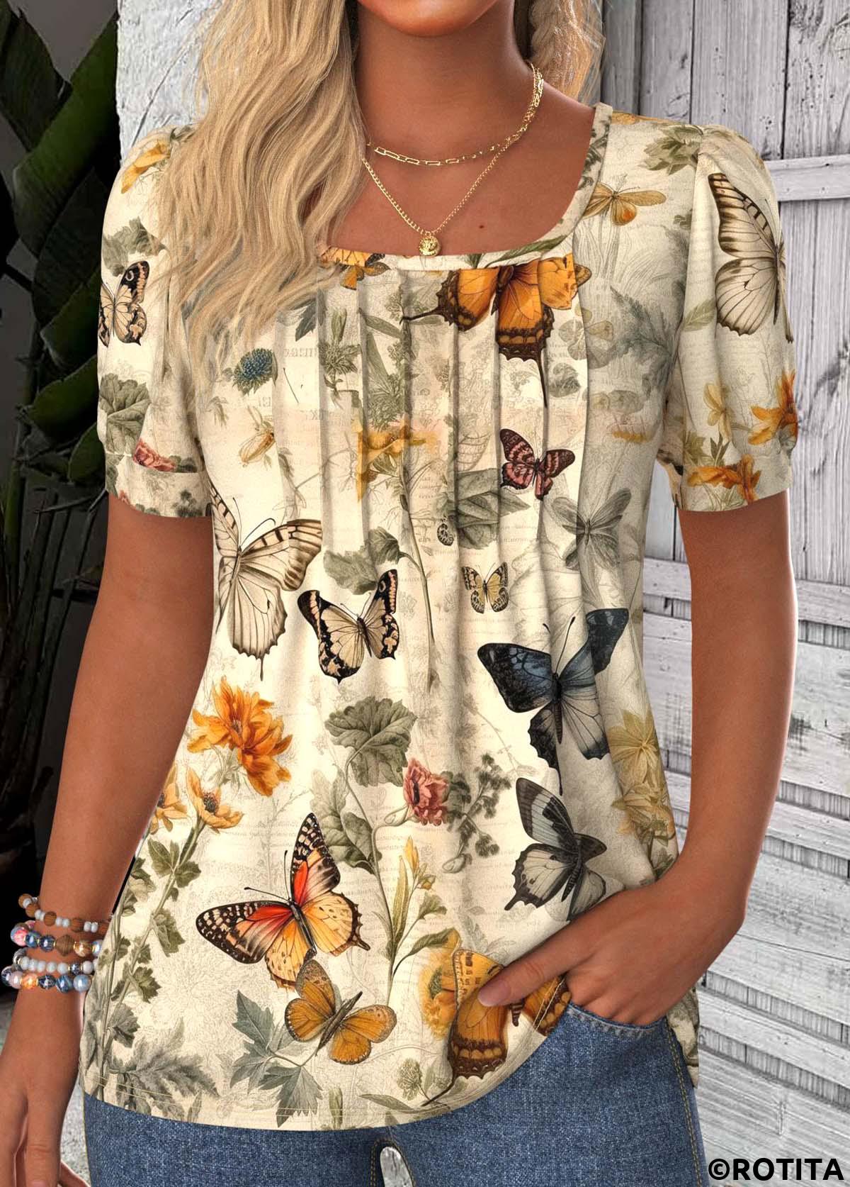 Light Yellow tops,Animal Print tops,Floral tops,Plants tops,ROTITA Tuck Stitch Butterfly Print Light Yellow T Shirt