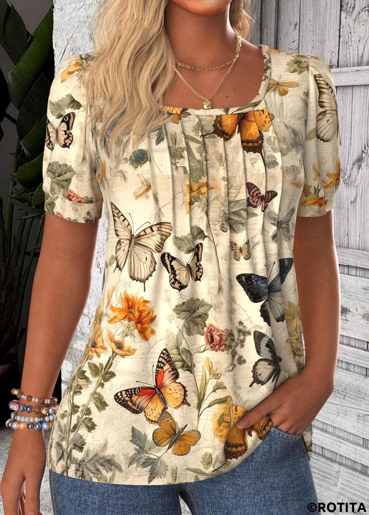 Light Yellow tops,Animal Print tops,Floral tops,Plants tops,ROTITA Tuck Stitch Butterfly Print Light Yellow T Shirt