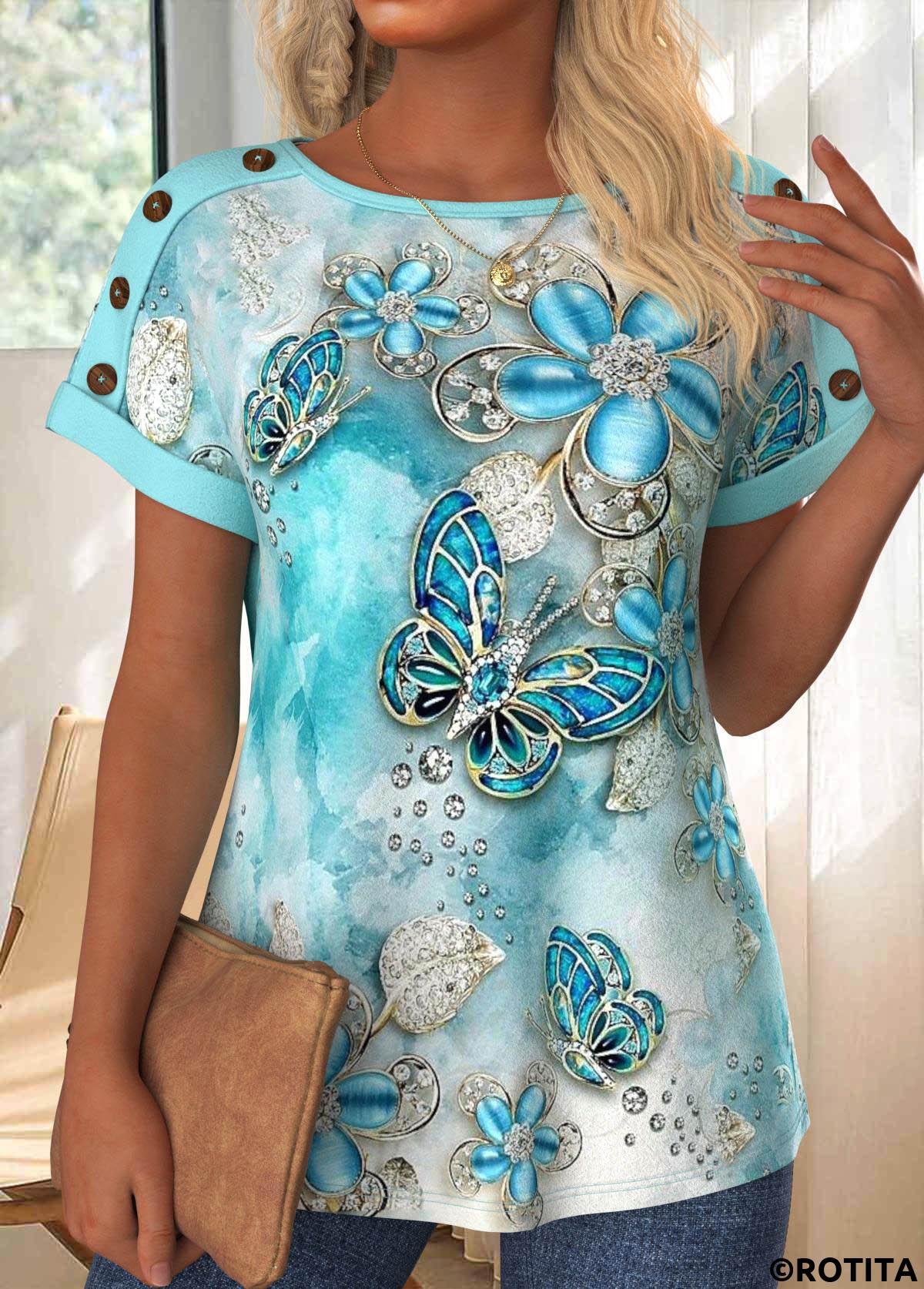 Light Blue tops,Animal Print tops,ROTITA Button Butterfly Print Light Blue Round Neck T Shirt