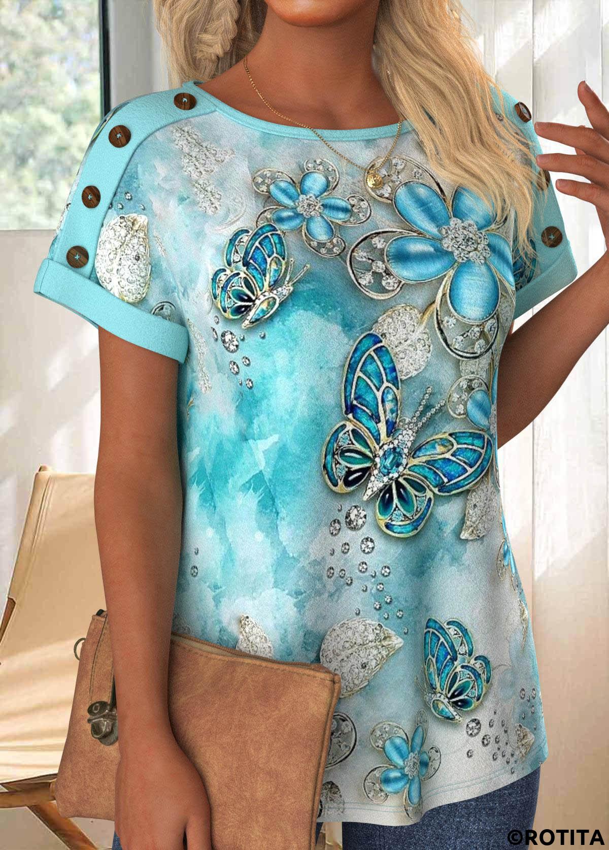 Light Blue tops,Animal Print tops,ROTITA Button Butterfly Print Light Blue Round Neck T Shirt