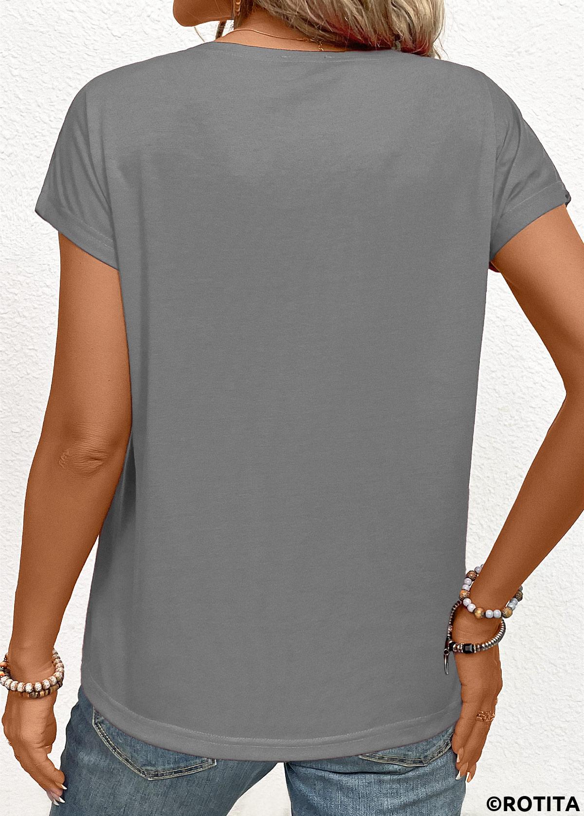 Dark Grey tops,Tribal tops,Patchwork Tribal Print Grey V Neck T Shirt