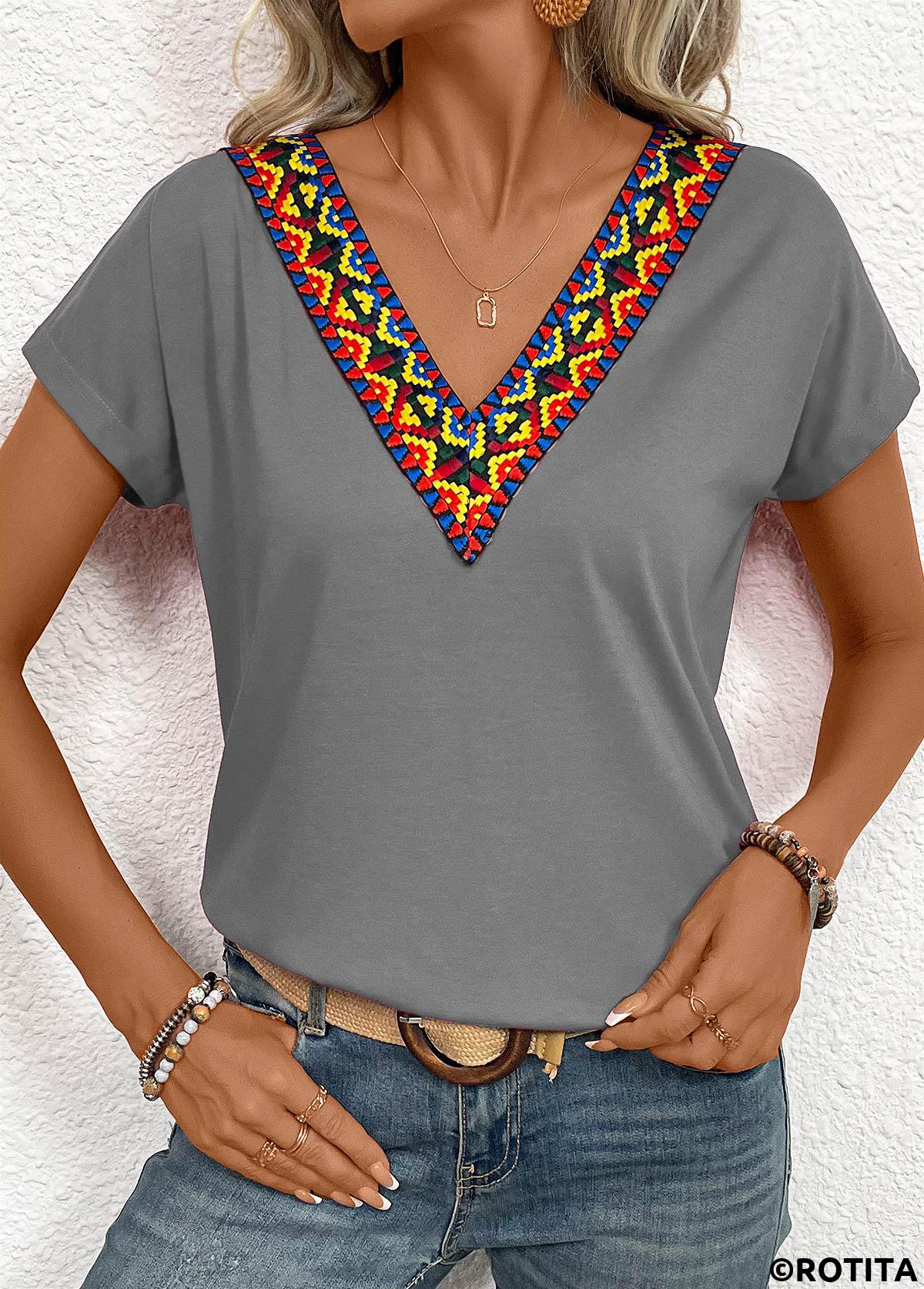 Dark Grey tops,Tribal tops,Patchwork Tribal Print Grey V Neck T Shirt