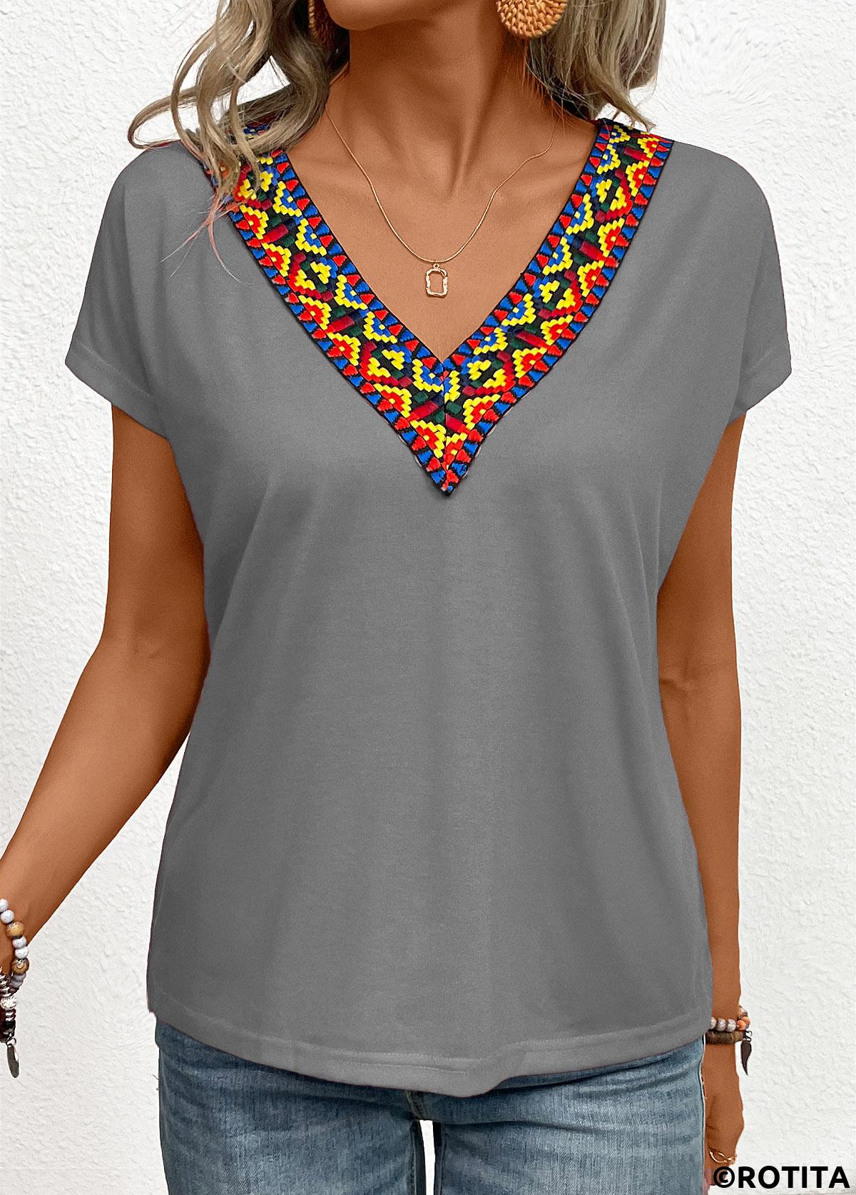 Dark Grey tops,Tribal tops,Patchwork Tribal Print Grey V Neck T Shirt
