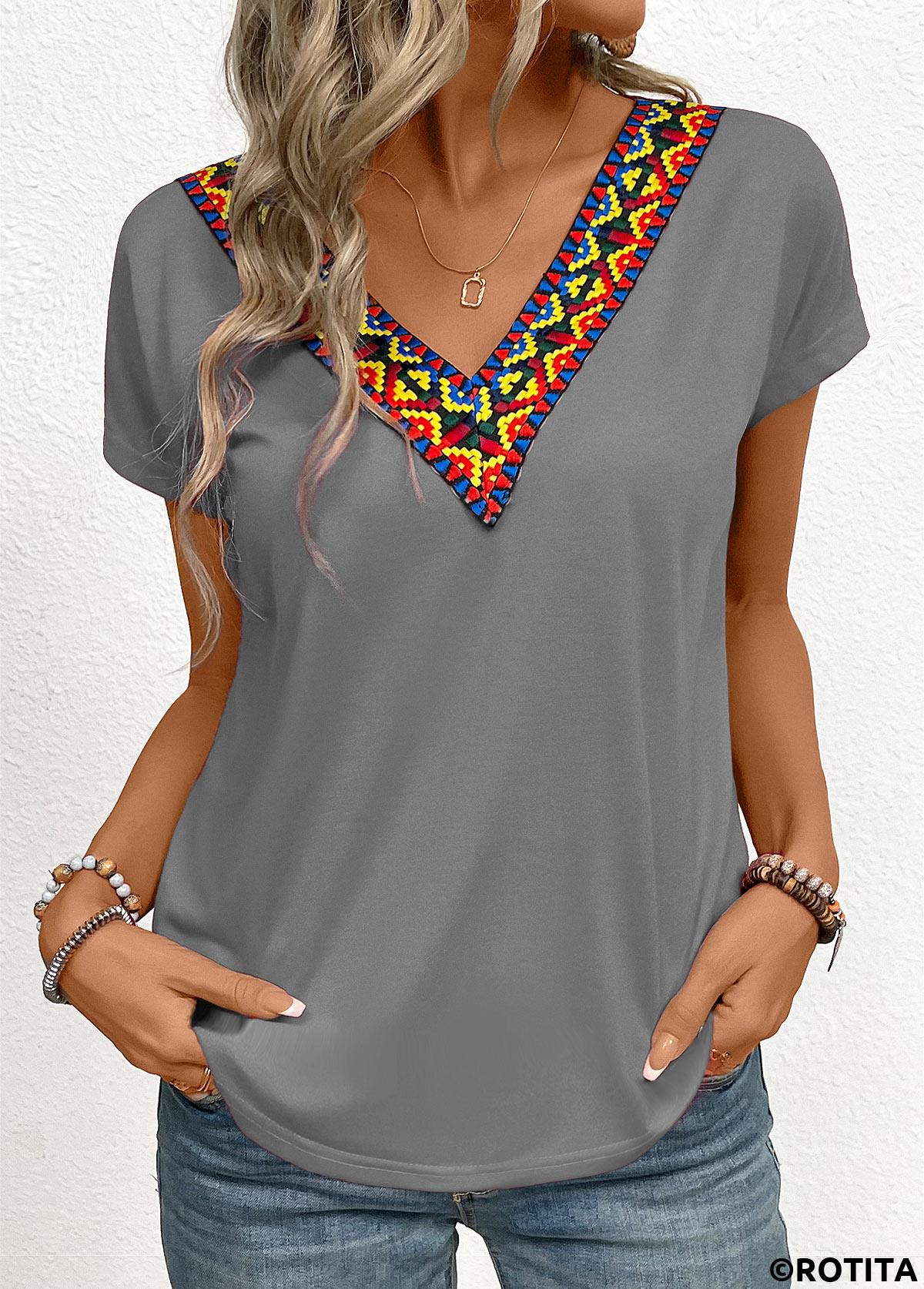 Dark Grey tops,Tribal tops,Patchwork Tribal Print Grey V Neck T Shirt