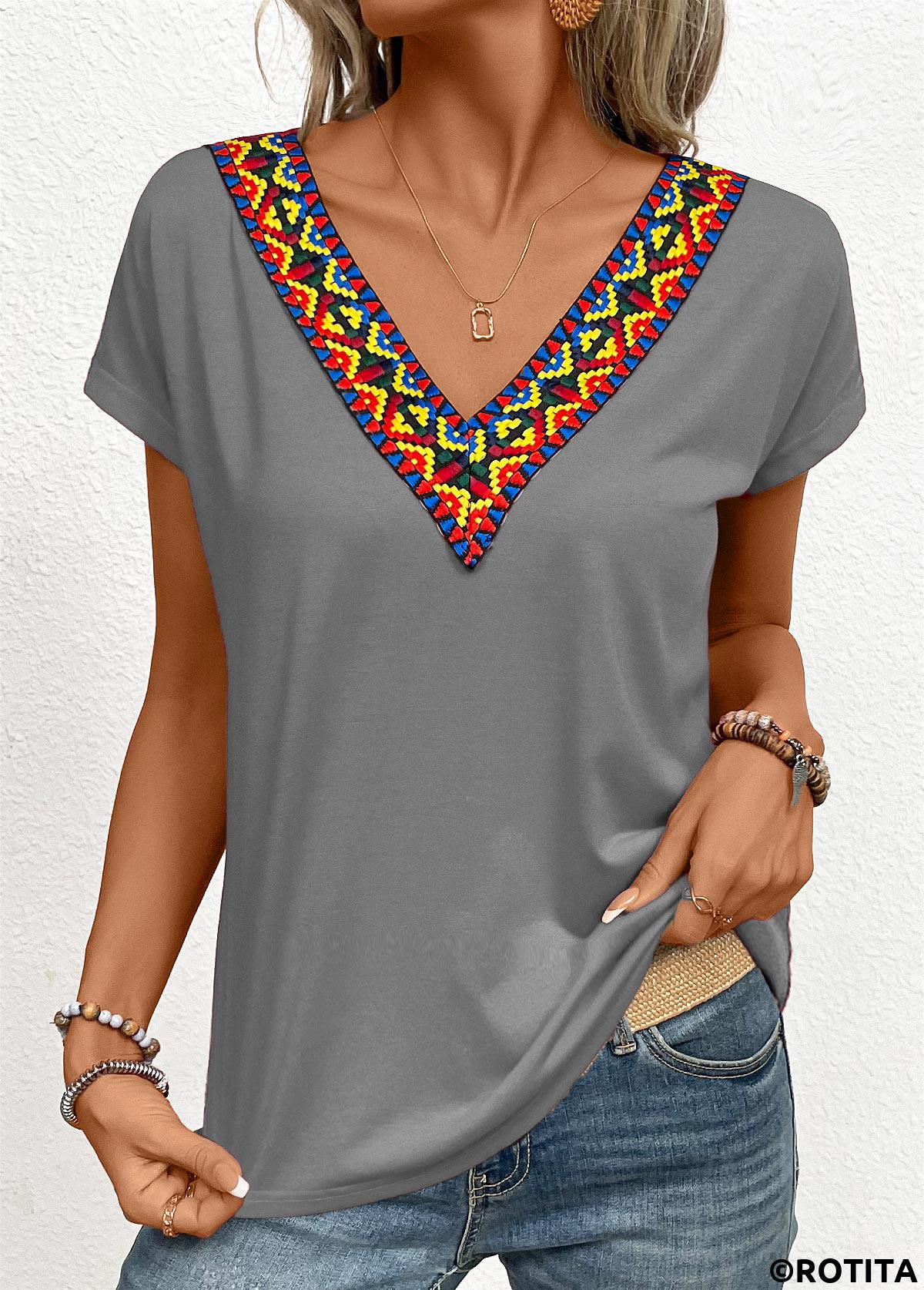Dark Grey tops,Tribal tops,Patchwork Tribal Print Grey V Neck T Shirt