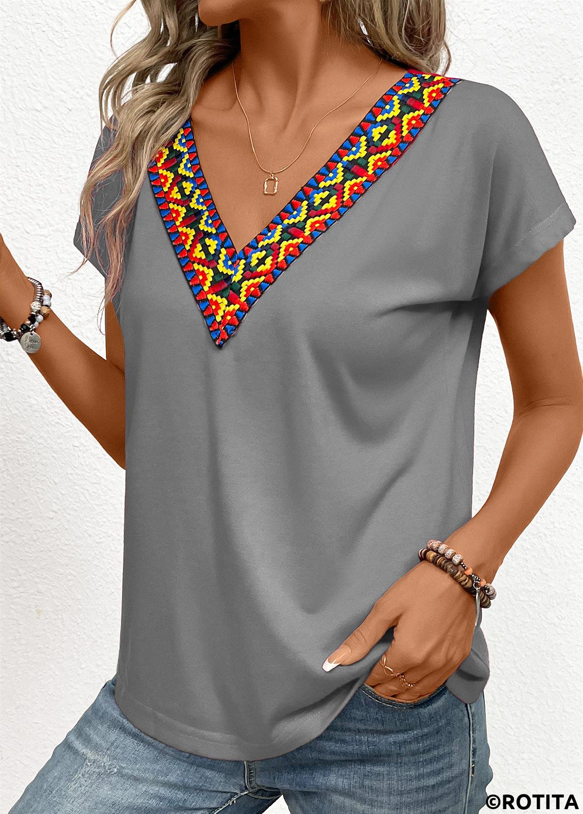 Dark Grey tops,Tribal tops,Patchwork Tribal Print Grey V Neck T Shirt
