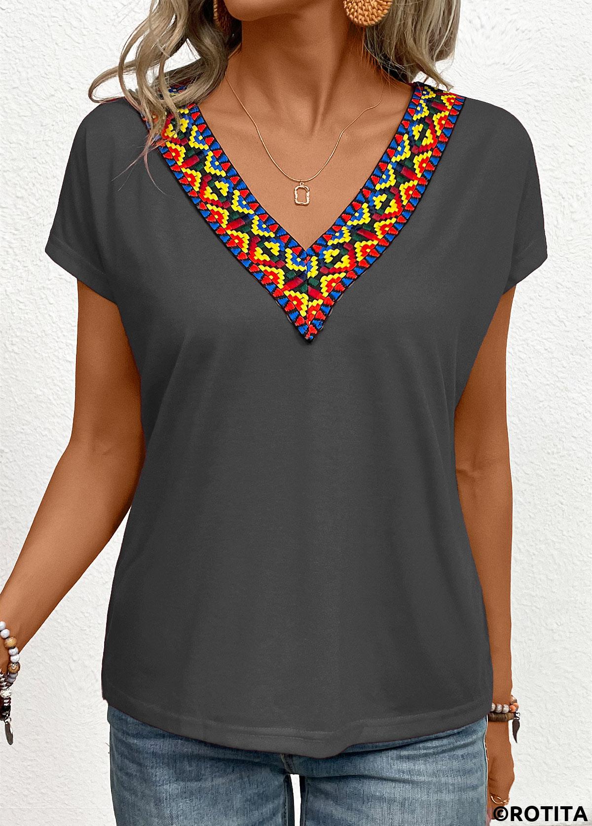 Dark Grey Marl tops,Tribal tops,Patchwork Tribal Print Dark Grey V Neck T Shirt