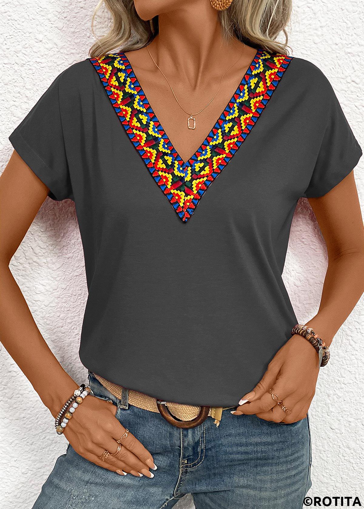 Dark Grey Marl tops,Tribal tops,Patchwork Tribal Print Dark Grey V Neck T Shirt