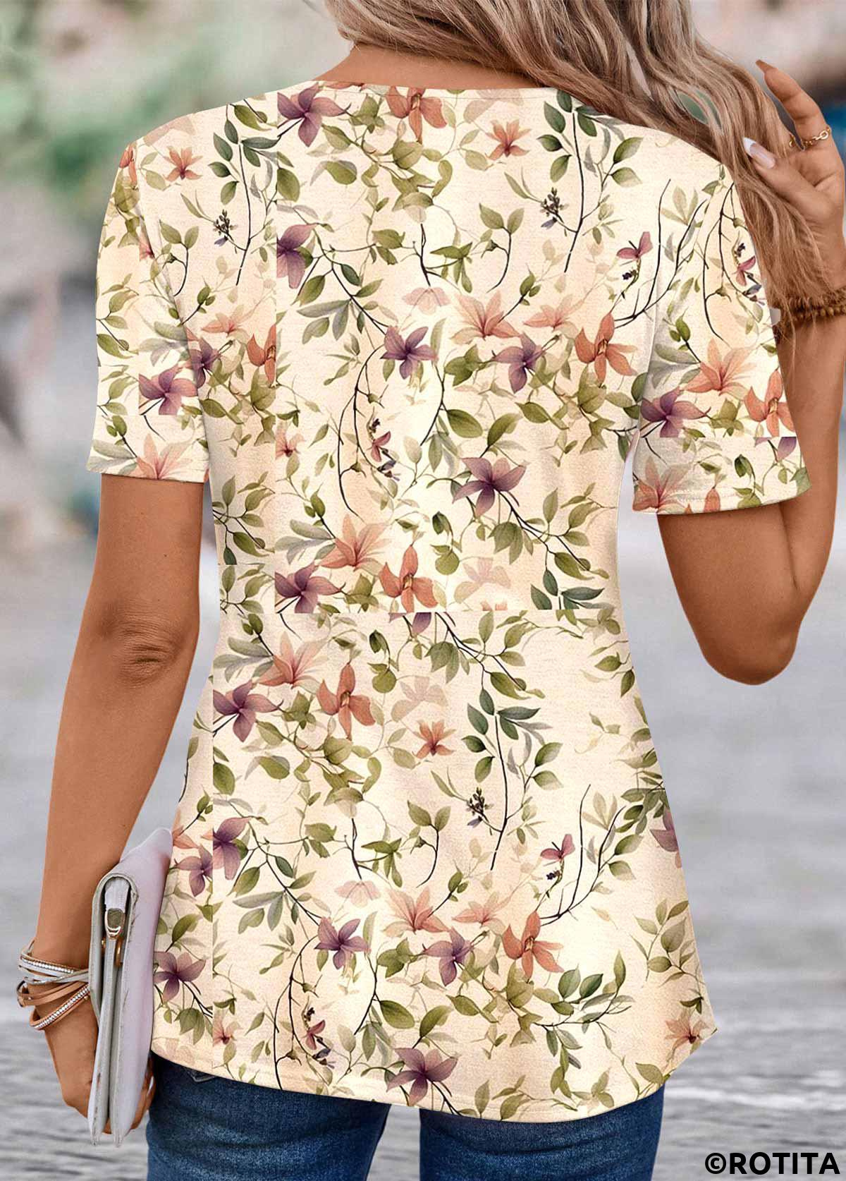 Light Camel tops,Floral tops,Plants tops,ROTITA Floral Print Light Camel T Shirt