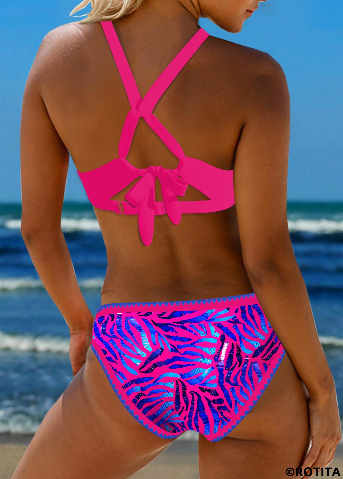 Hot Pink swimwear,Animal Print swimwear,ROTITA Tie Back Hot Stamping Bikini Set