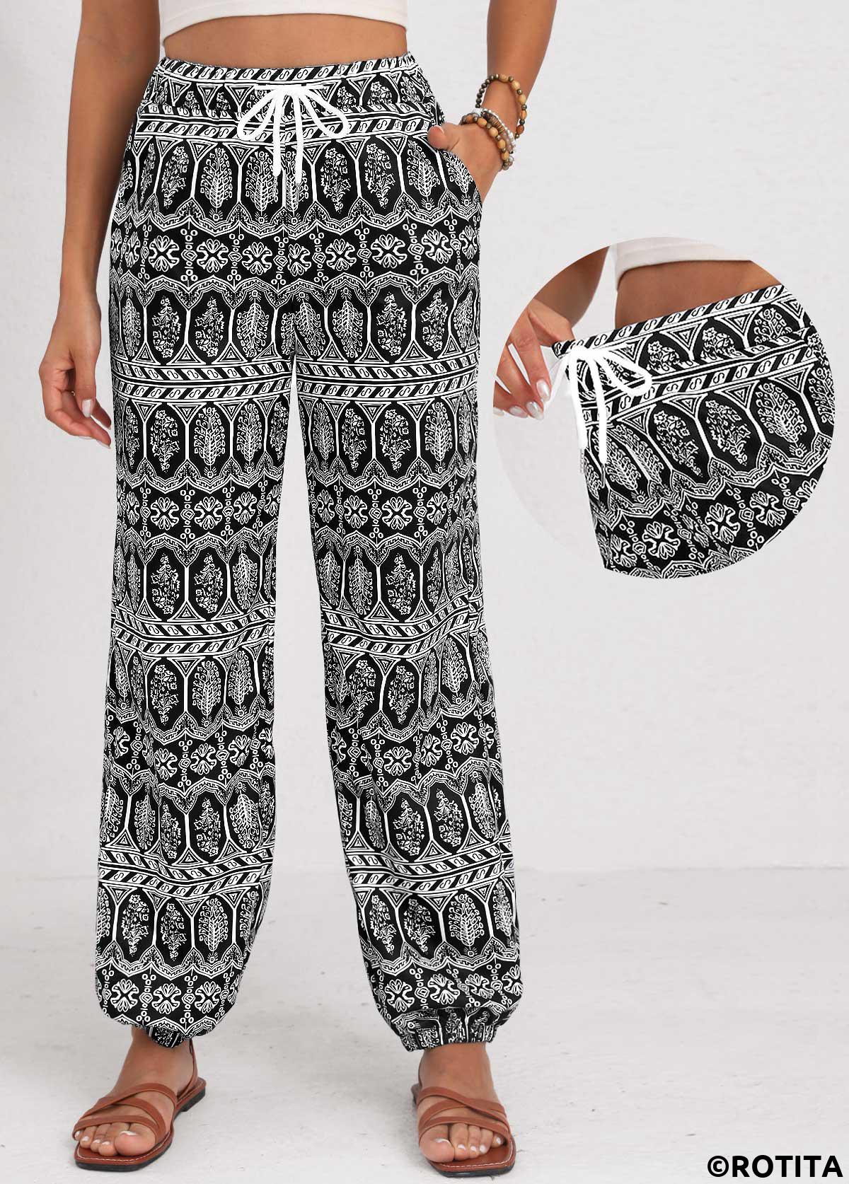 Black bottoms,Tribal bottoms,Geometric bottoms,Drawstring Tribal Print Black Jogger Elastic Waist Pants