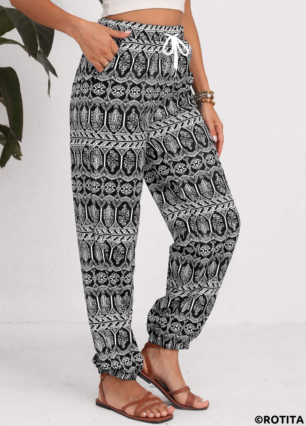 Black bottoms,Tribal bottoms,Geometric bottoms,Drawstring Tribal Print Black Jogger Elastic Waist Pants