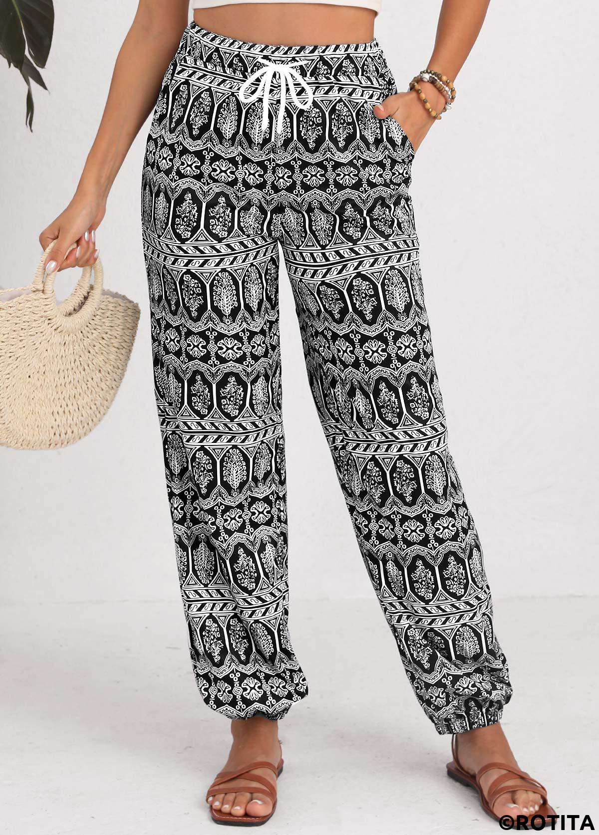 Black bottoms,Tribal bottoms,Geometric bottoms,Drawstring Tribal Print Black Jogger Elastic Waist Pants