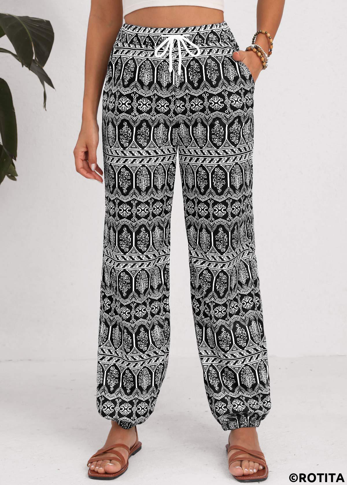 Black bottoms,Tribal bottoms,Geometric bottoms,Drawstring Tribal Print Black Jogger Elastic Waist Pants