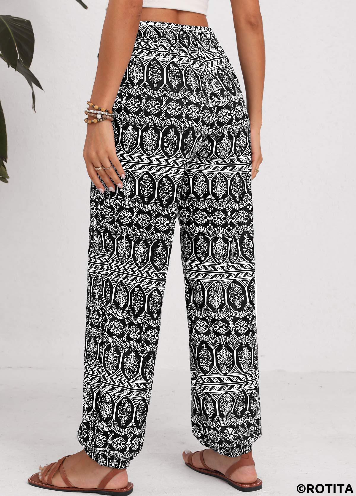 Black bottoms,Tribal bottoms,Geometric bottoms,Drawstring Tribal Print Black Jogger Elastic Waist Pants