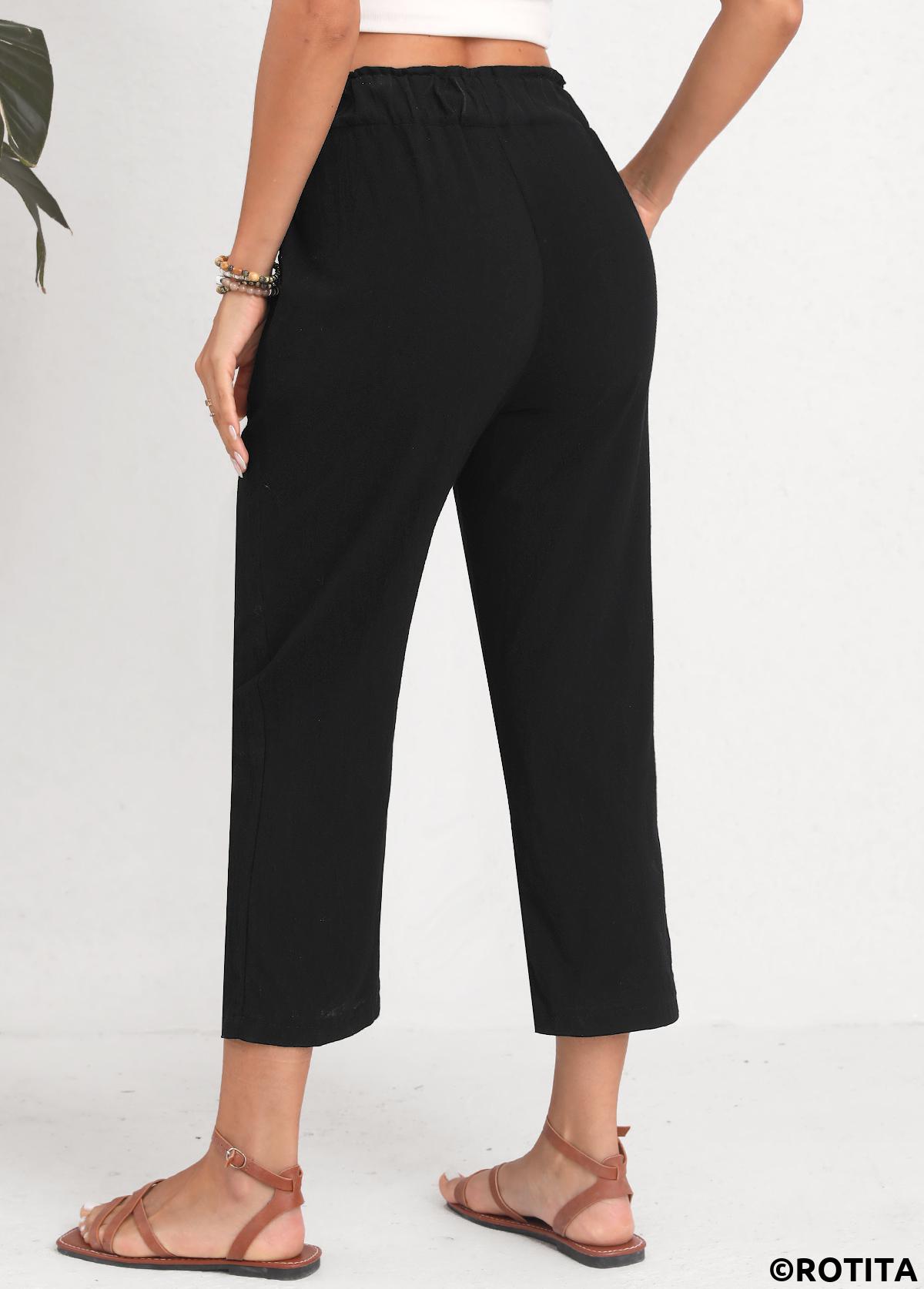 Black bottoms,Plain Color bottoms,Button Black Elastic Waist High Waisted Pants