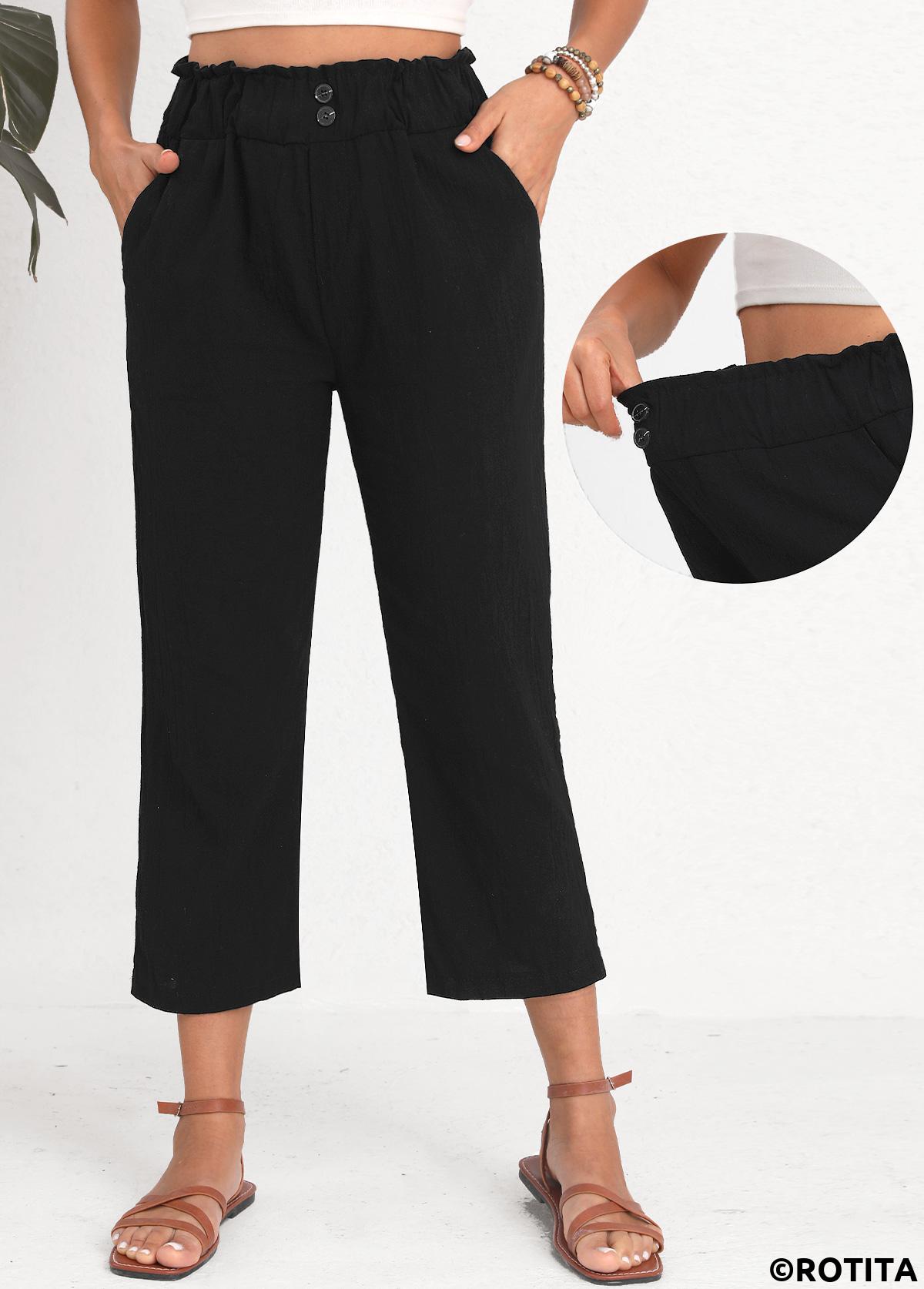 Black bottoms,Plain Color bottoms,Button Black Elastic Waist High Waisted Pants