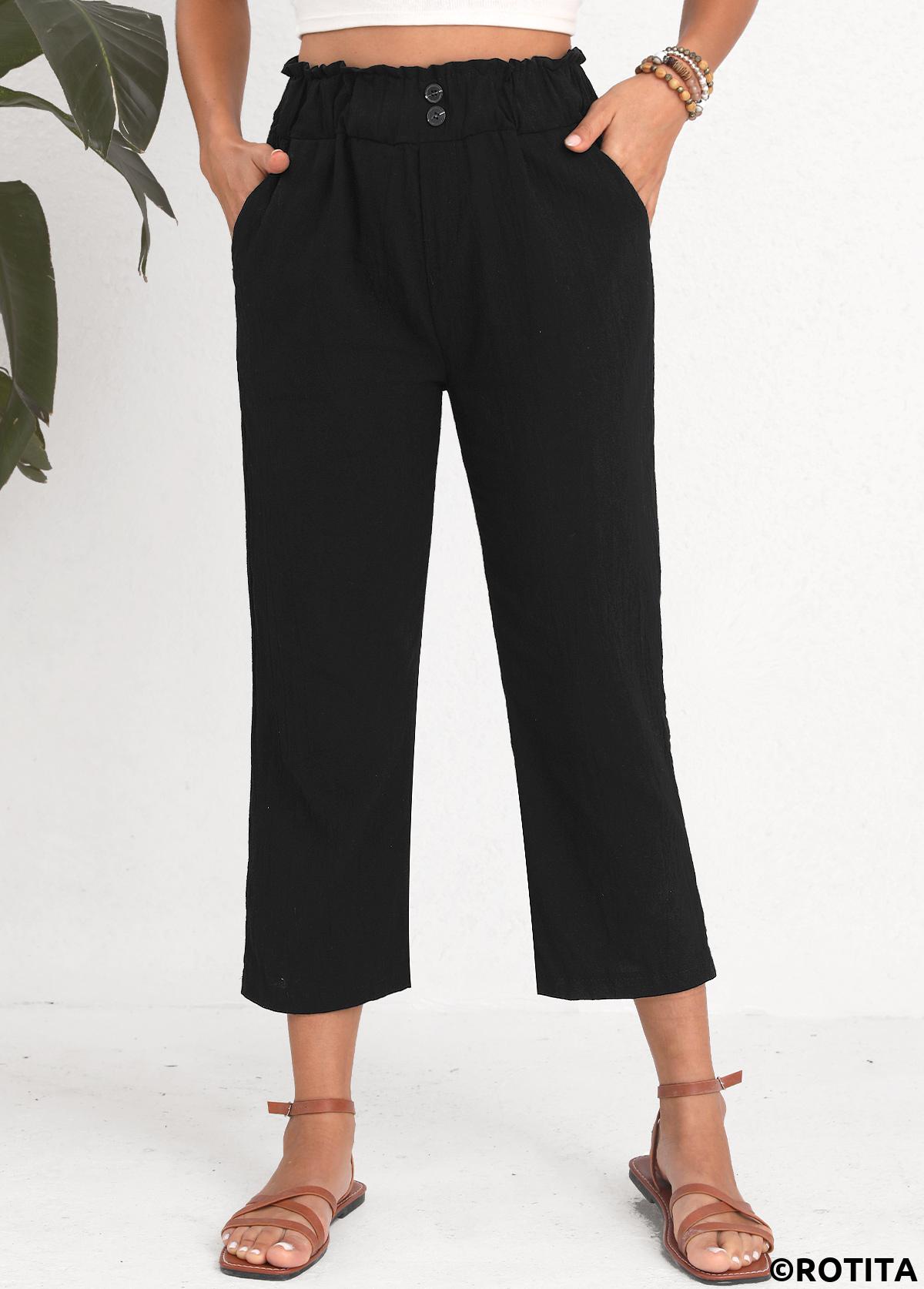 Black bottoms,Plain Color bottoms,Button Black Elastic Waist High Waisted Pants