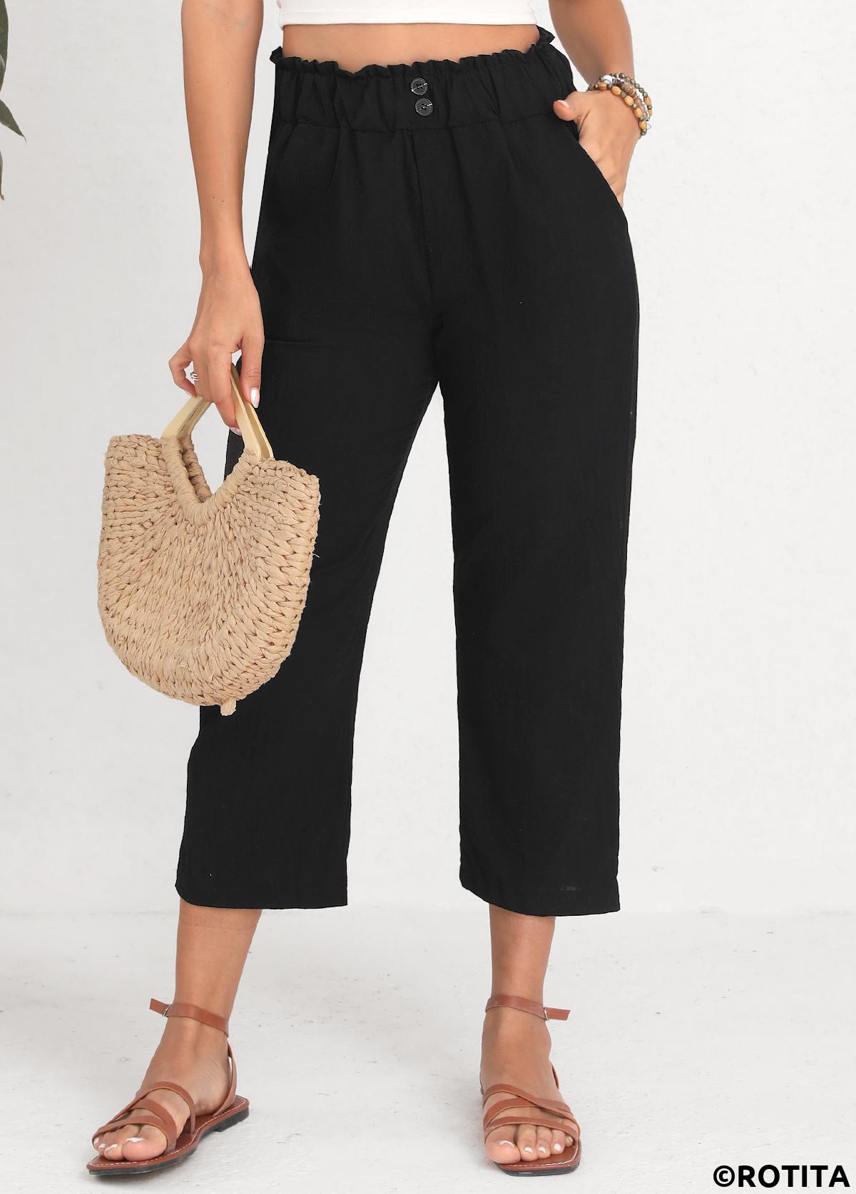 Black bottoms,Plain Color bottoms,Button Black Elastic Waist High Waisted Pants