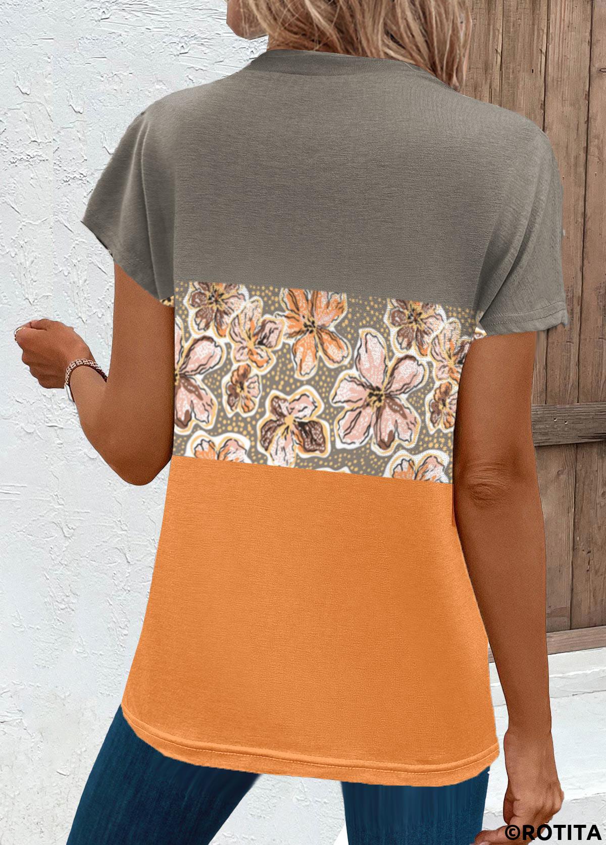 Oranges Kurzarm-T-Shirt mit Blumendruck „Rotita“ und kreisförmigem Ring