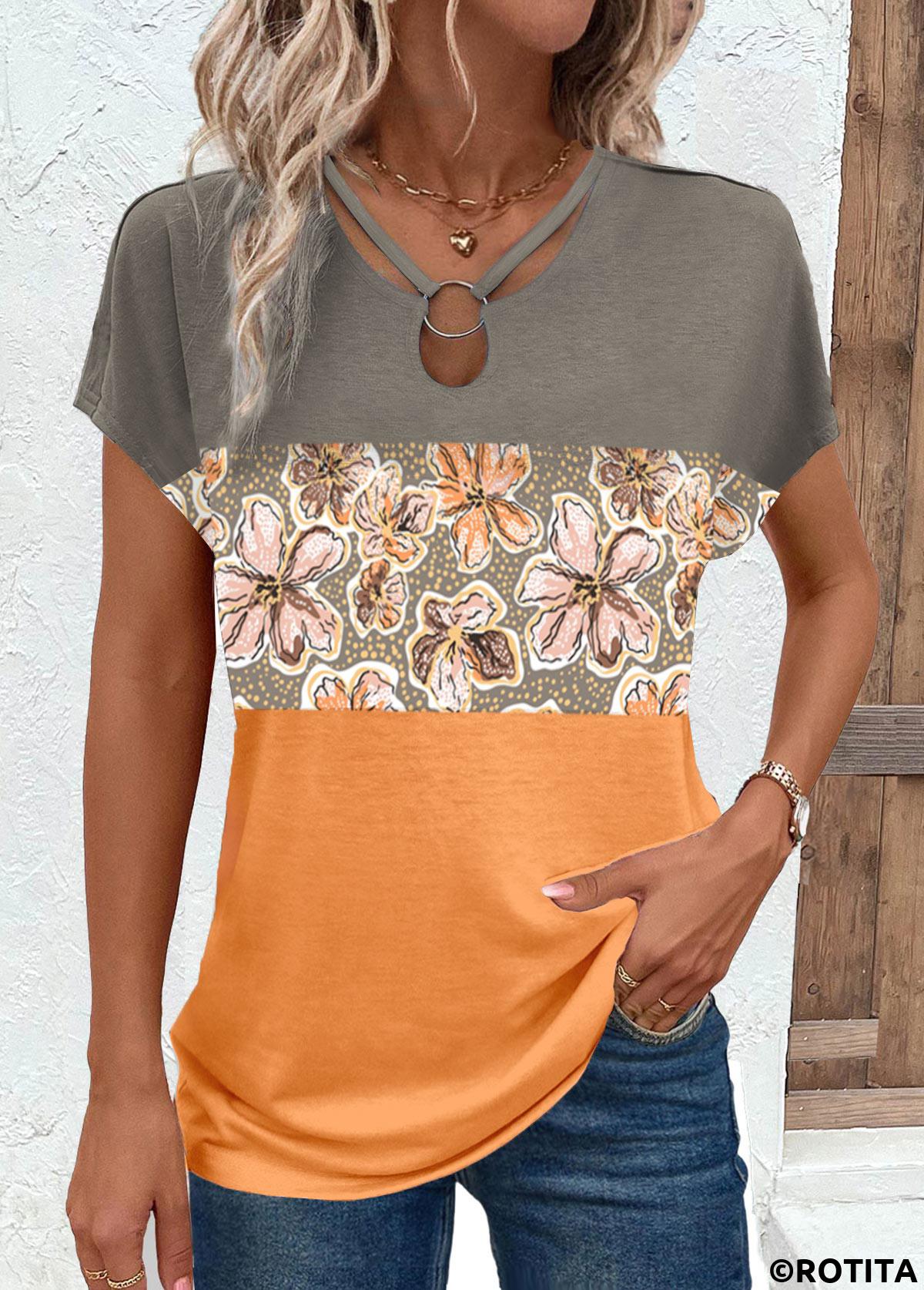 Oranges Kurzarm-T-Shirt mit Blumendruck „Rotita“ und kreisförmigem Ring