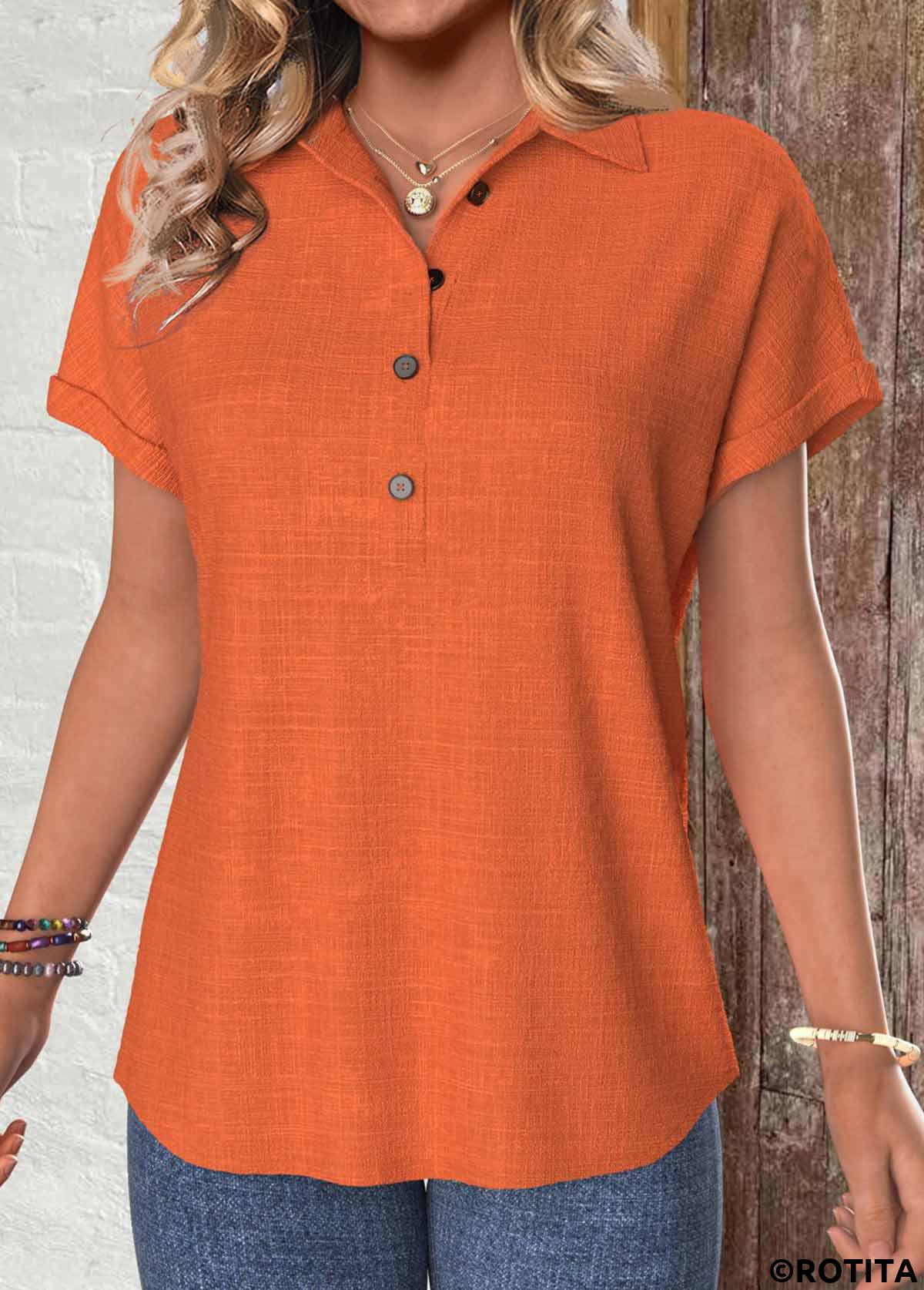 chemisier à manches courtes col chemise en terre cuite bouton rotita