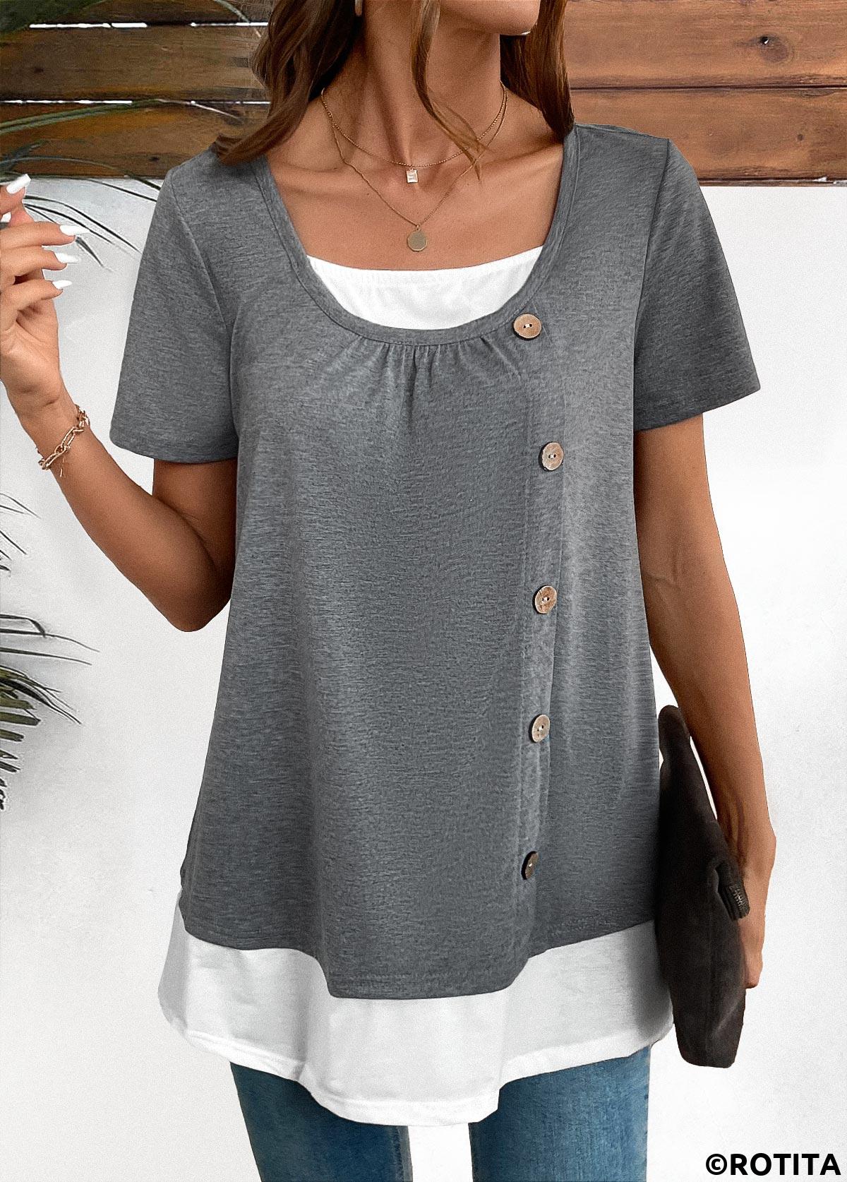 Dark Grey Marl tops,Contrast Color tops,ROTITA Fake 2in1 Dark Grey Marl Square Neck Shirt
