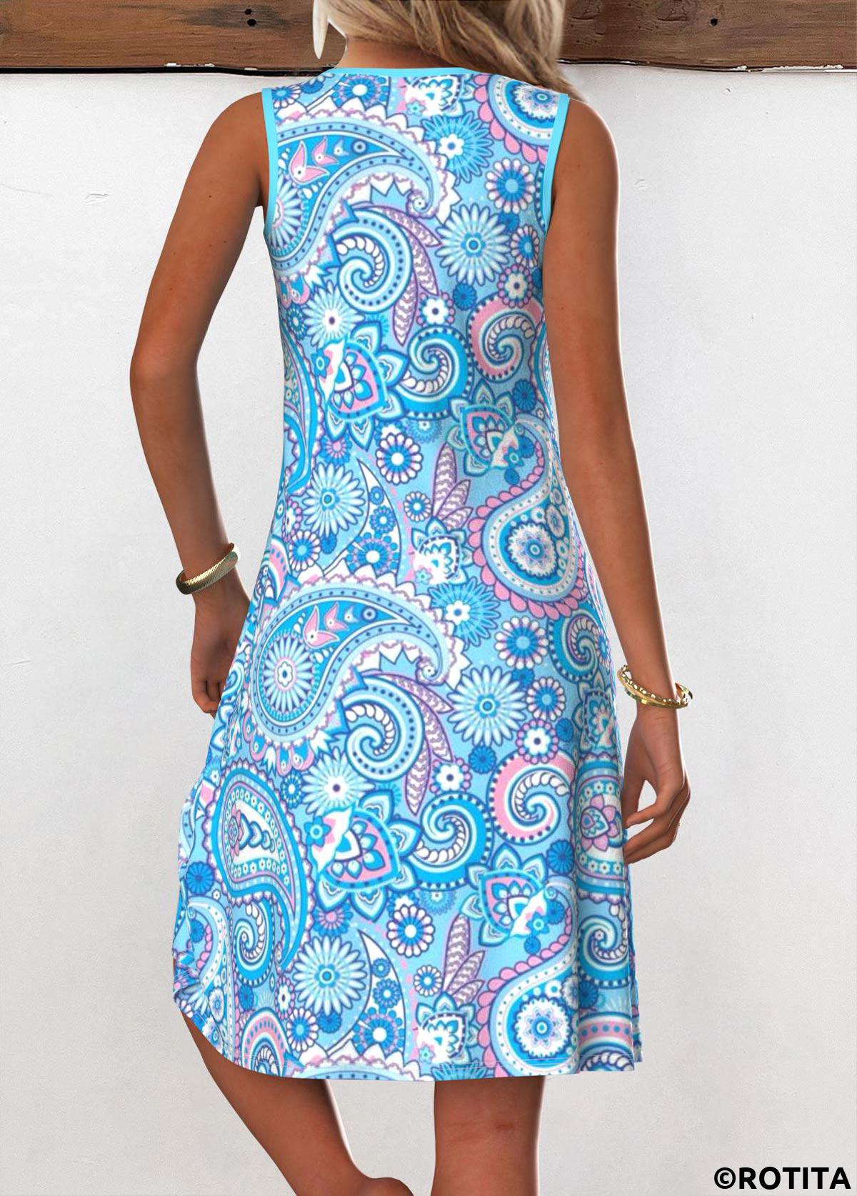 Light Blue dresses,Paisley dresses,Everyday dresses,Casual dresses,ROTITA Eyelet Tribal Print Light Blue A Line Sleeveless Dress
