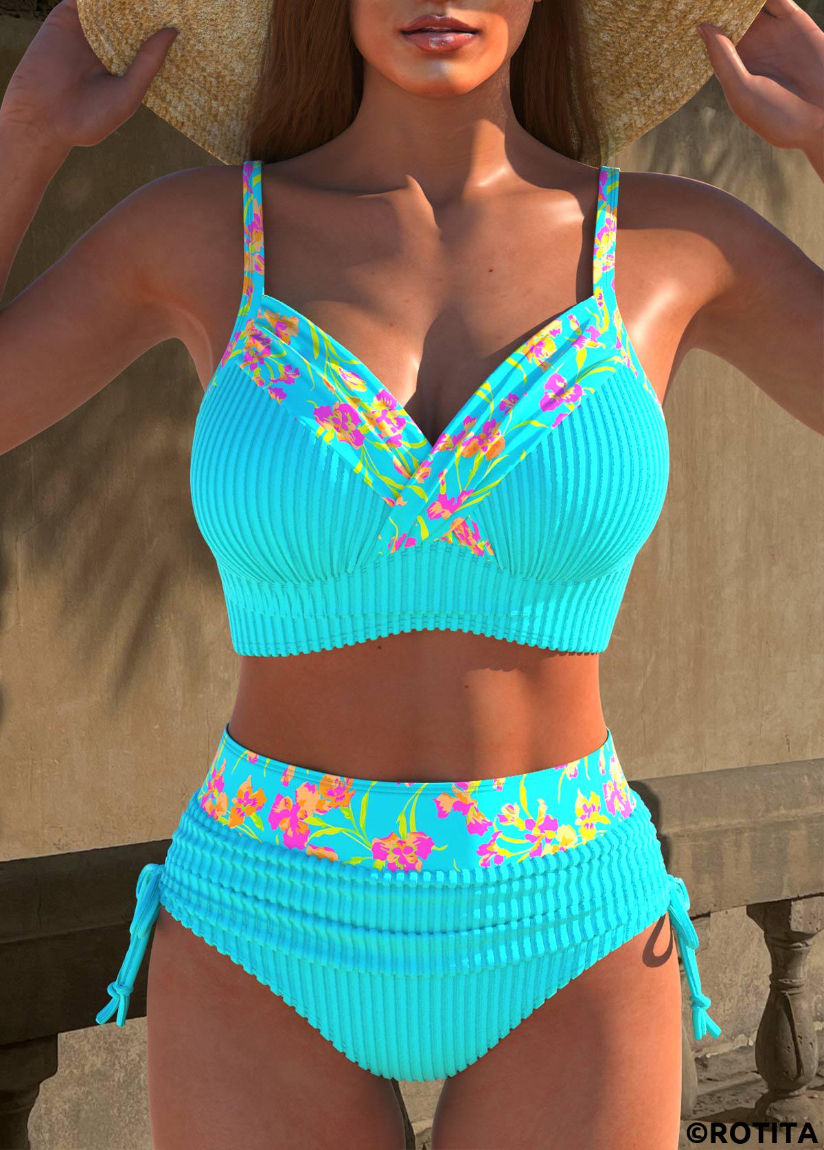 Cyan swimwear,Floral swimwear,Plants swimwear,ROTITA Jacquard Cyan Floral Print Bikini Set