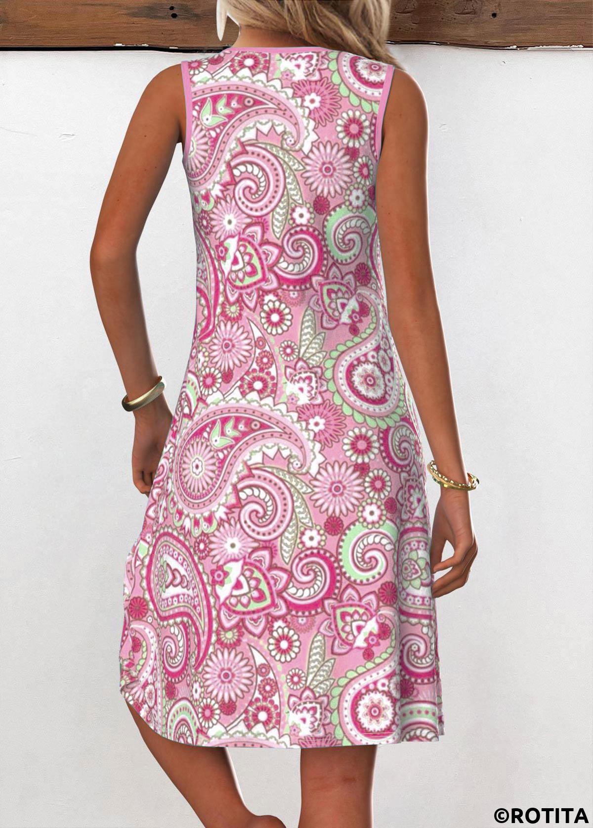Pink dresses,Paisley dresses,Everyday dresses,Casual dresses,ROTITA Eyelet Tribal Print Pink A Line Sleeveless Dress