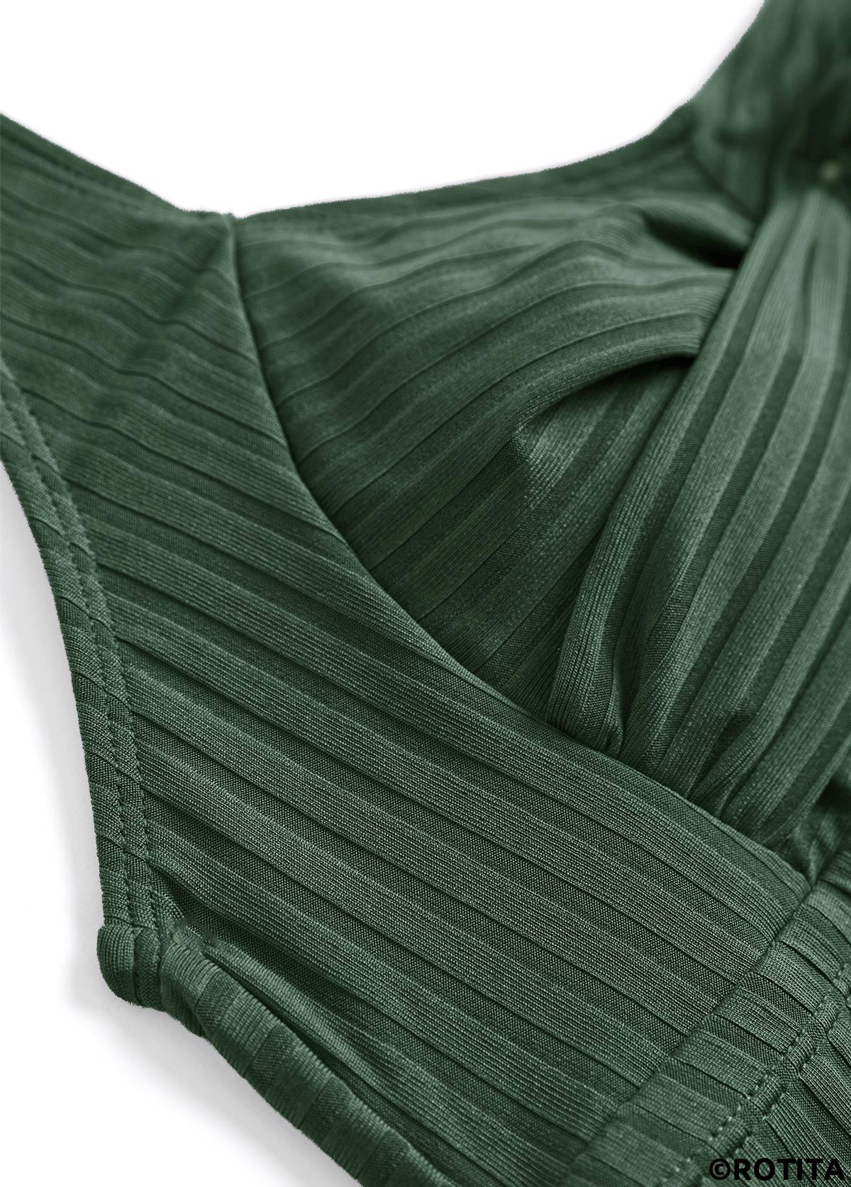 Olive Green swimwear,Plants swimwear,ROTITA Surplice Olive Green Tropical Plants Print Tankini Set