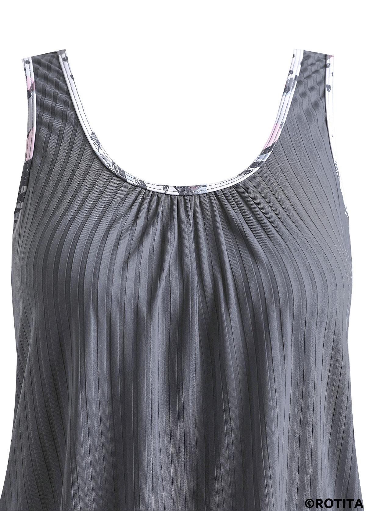 Grey swimwear,Plants swimwear,ROTITA Bowknot Grey Tropical Plants Print Tankini Set