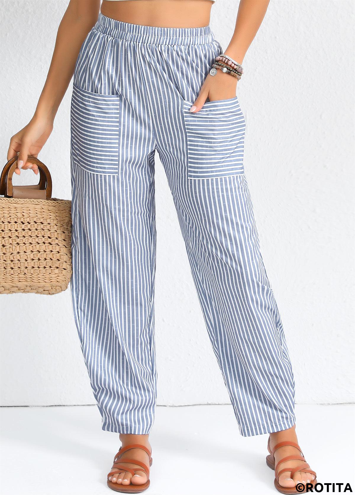 Dusty Blue bottoms,Striped bottoms,Geometric bottoms,Patchwork Striped Dusty Blue Elastic Waist High Waisted Pants