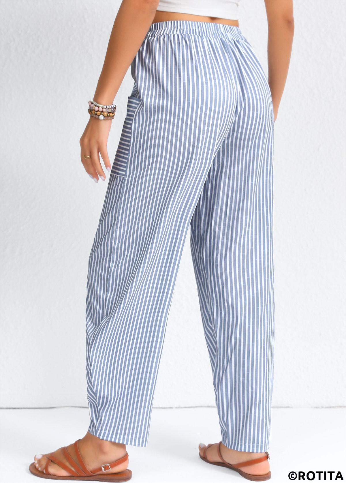 Dusty Blue bottoms,Striped bottoms,Geometric bottoms,Patchwork Striped Dusty Blue Elastic Waist High Waisted Pants