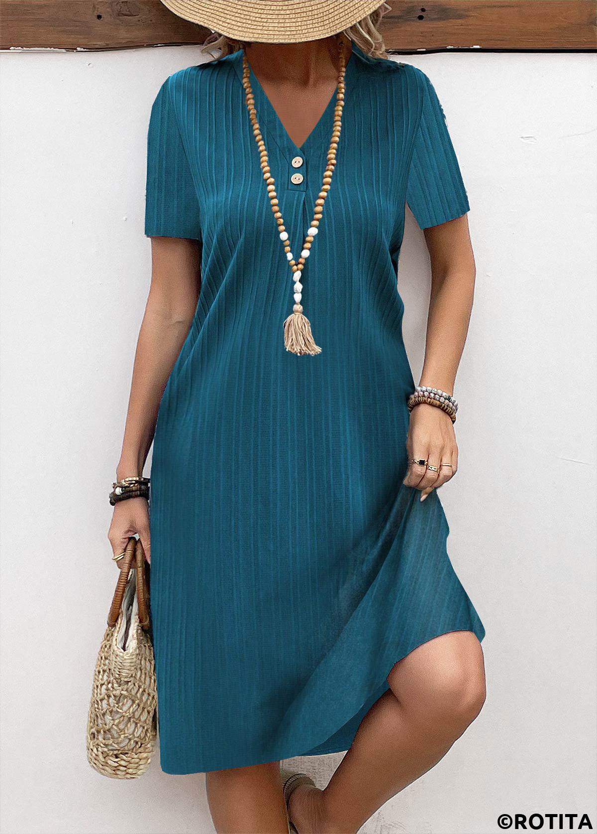 ROTITA Button Turquoise A Line V Neck Short Sleeve Dress