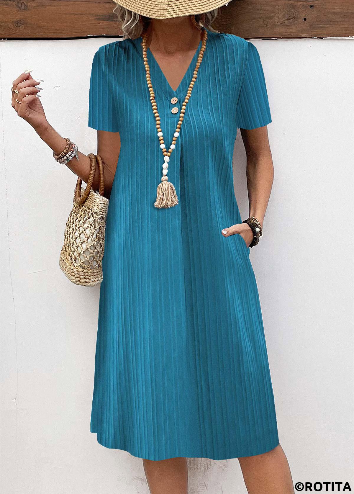 ROTITA Button Turquoise A Line V Neck Short Sleeve Dress