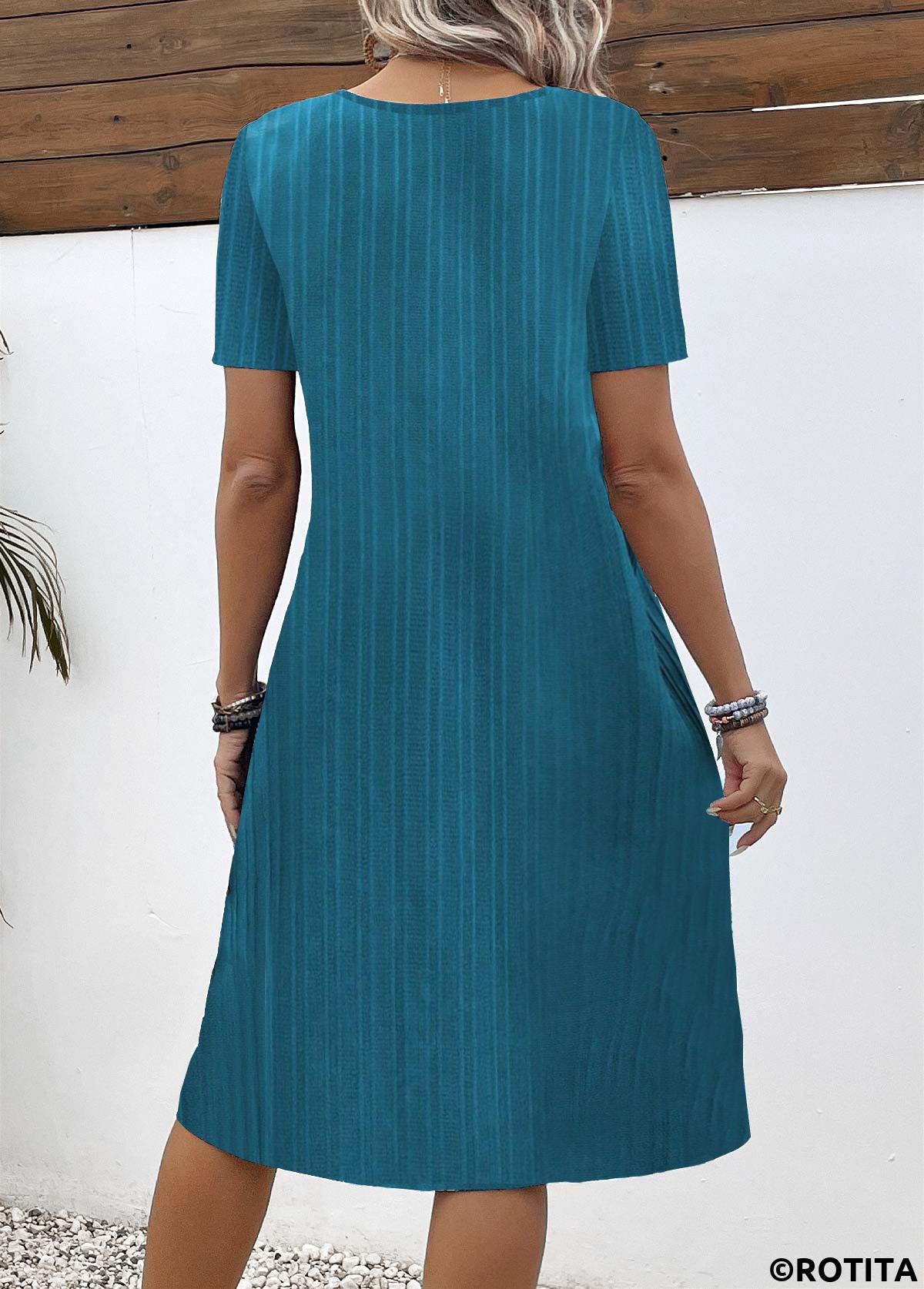 ROTITA Button Turquoise A Line V Neck Short Sleeve Dress