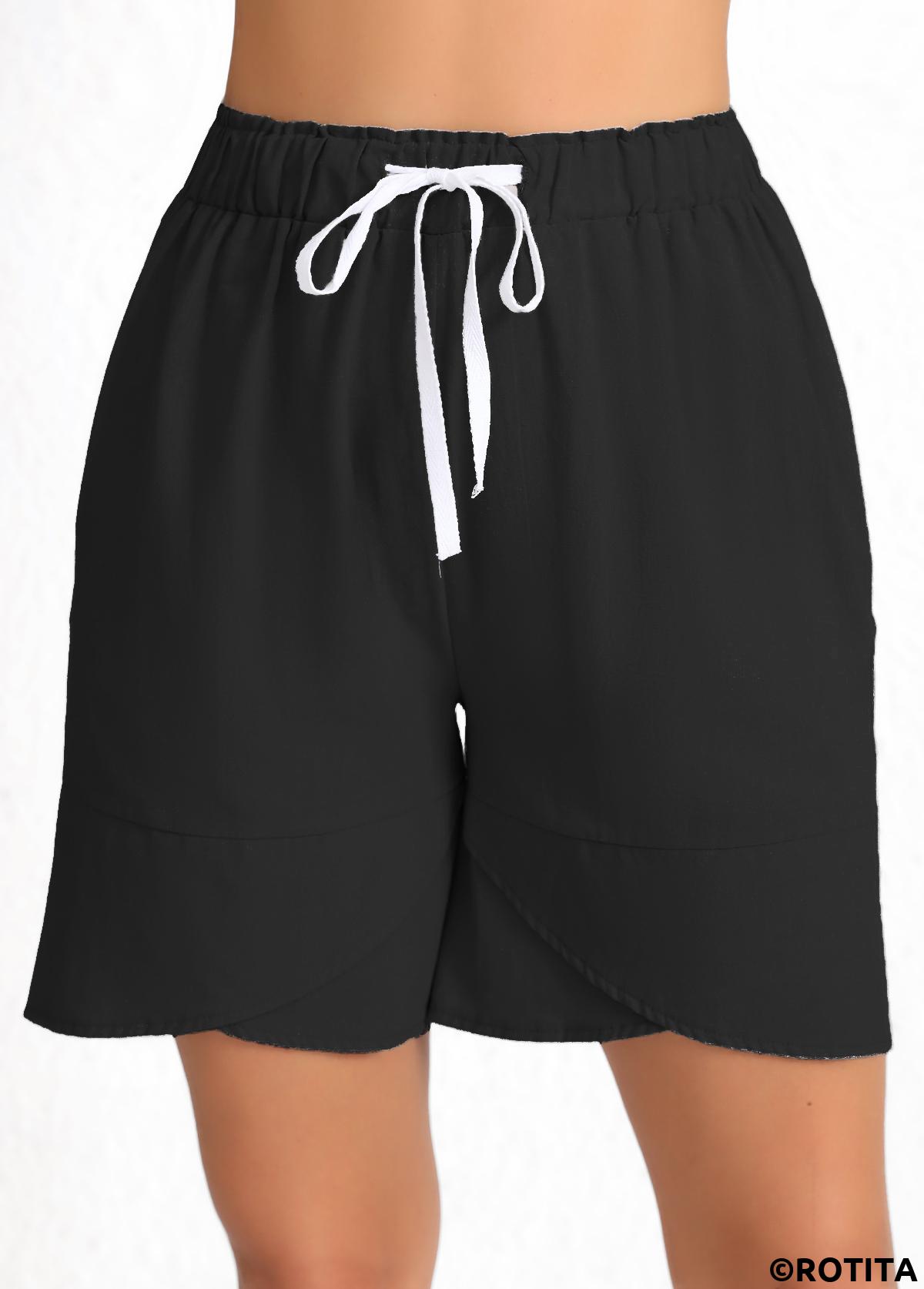 Black bottoms,Plain Color bottoms,Drawstring Elastic Waist High Waisted Black Shorts