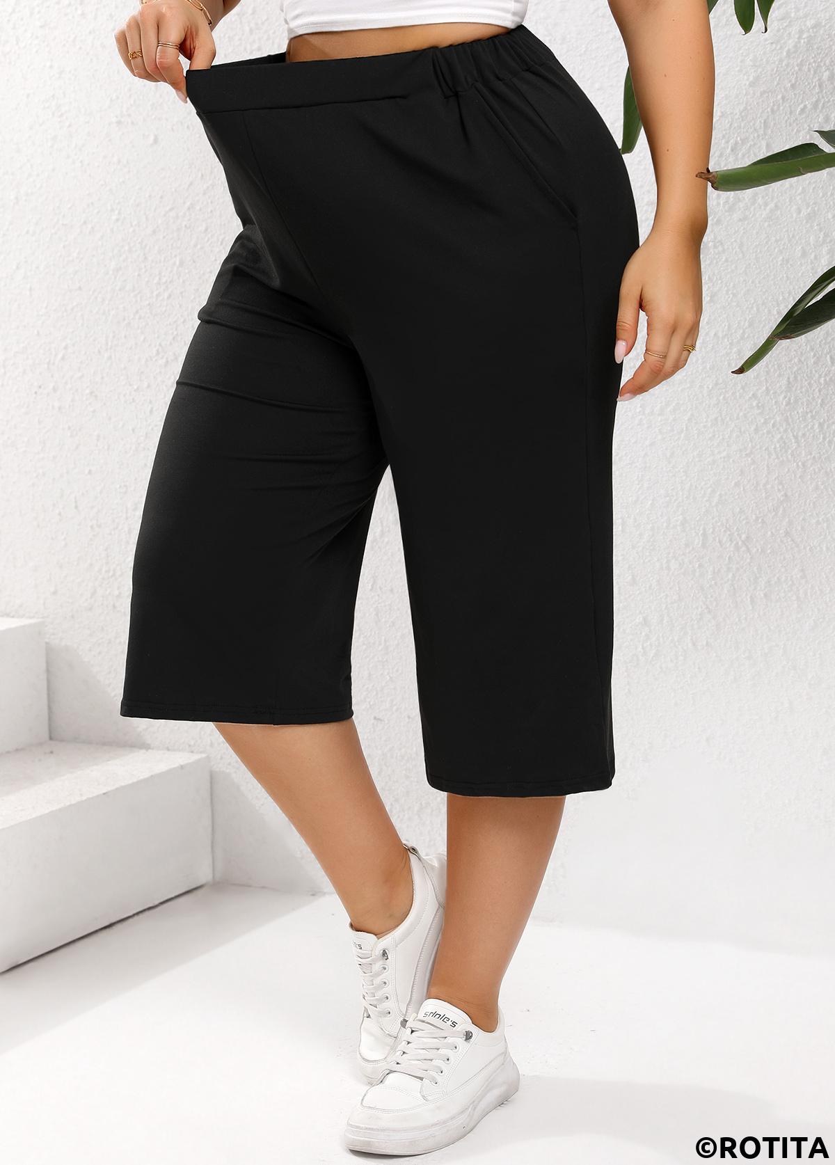 Black plus size,Plain Color plus size,Plus Size Lightweight Black Elastic Waist High Waisted Pants